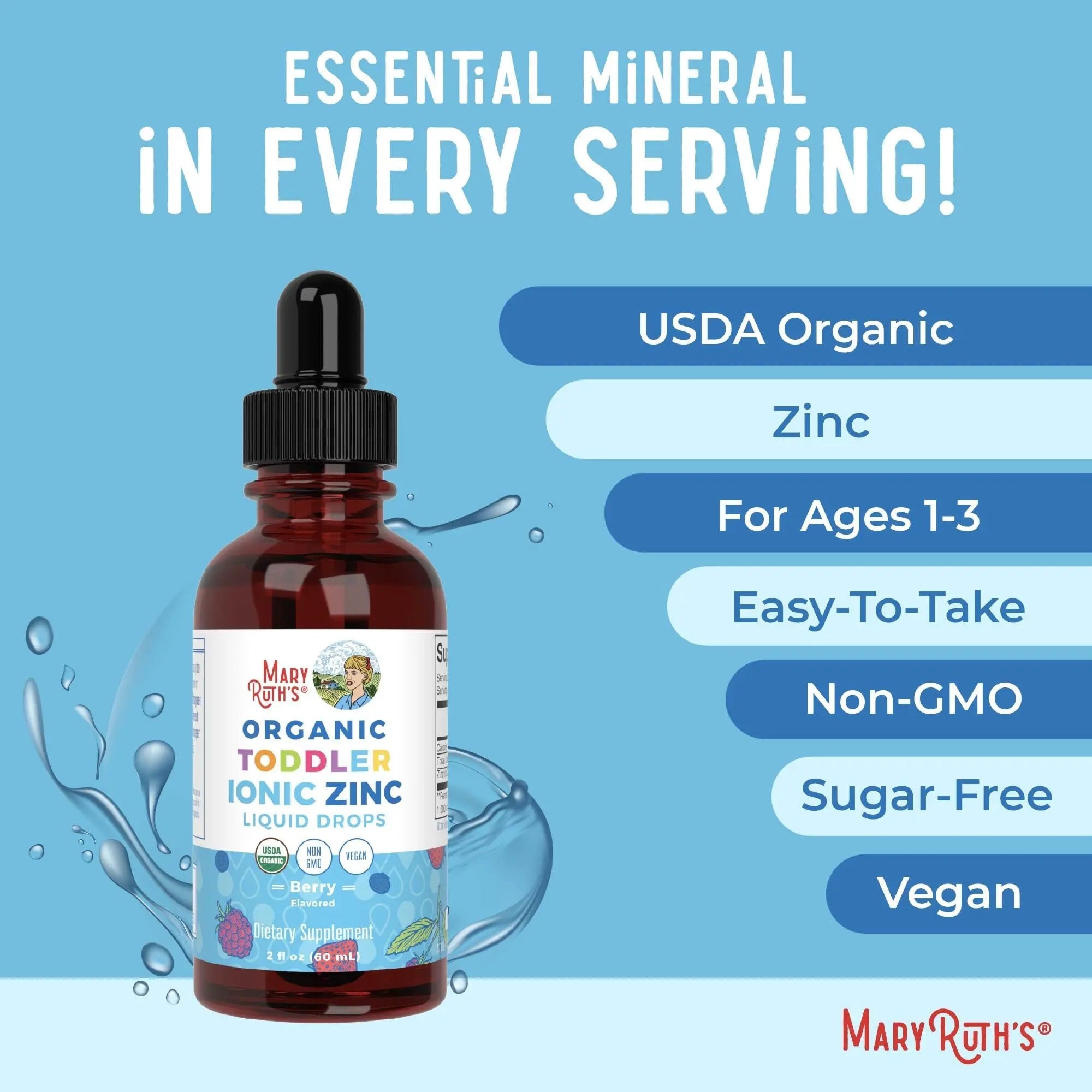 MaryRuth Organics USDA Toddler Liquid Drops | Zinc Sulfate | Immune Support Supplement| Skin Health | Vegan | Formulated for Ages 1-3 | Delicious Berry Flavor | 1 Month Supply | 2 Fl Oz - TrustMedUSA