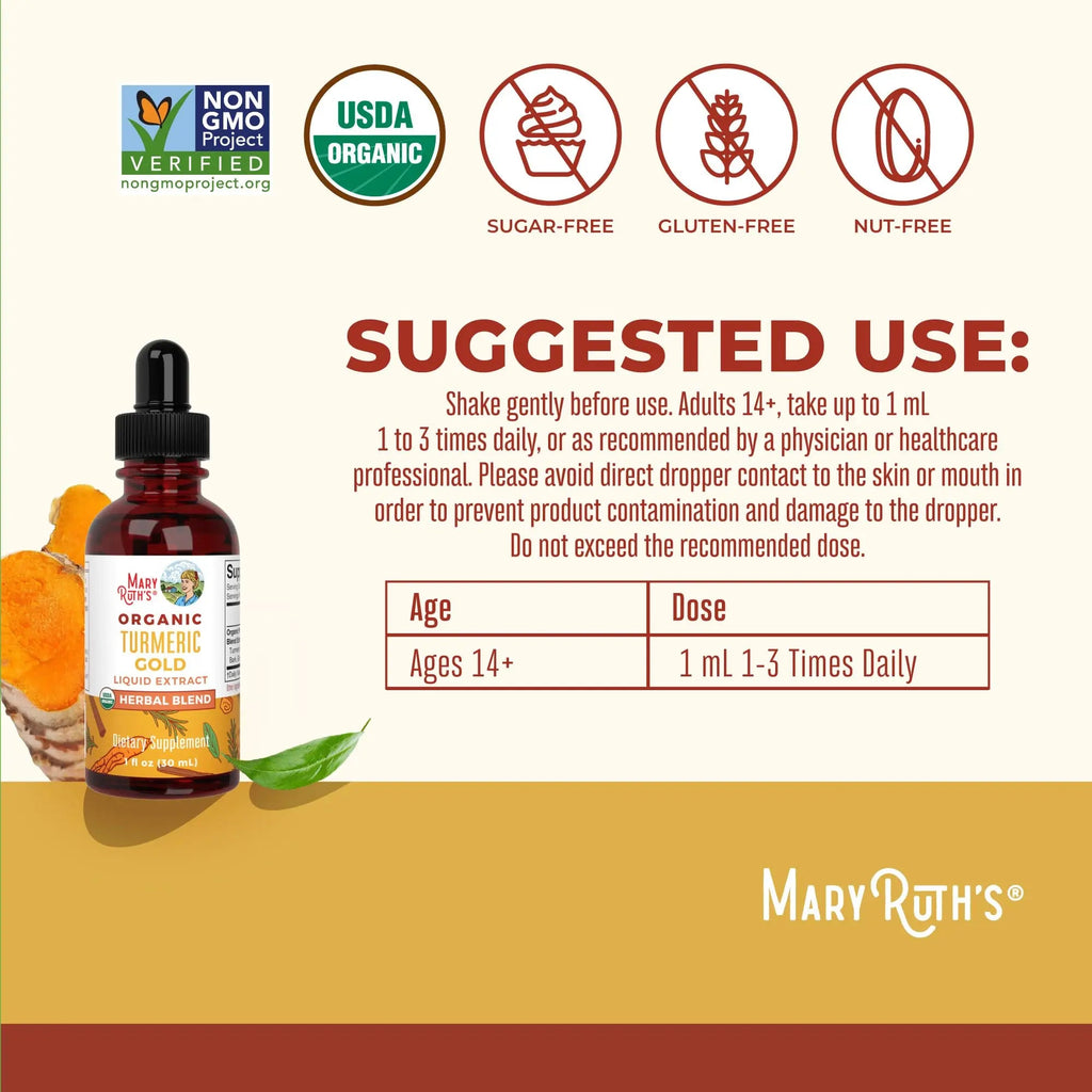 MaryRuth Organics USDA Turmeric Gold Liquid Drops | Herbal Blend | Turmeric Curcumin | Black Pepper | Cassia Cinnamon Bark | Ginger Root | Immune Support | Non-GMO Project Verified | Vegan | 1oz - TrustMedUSA
