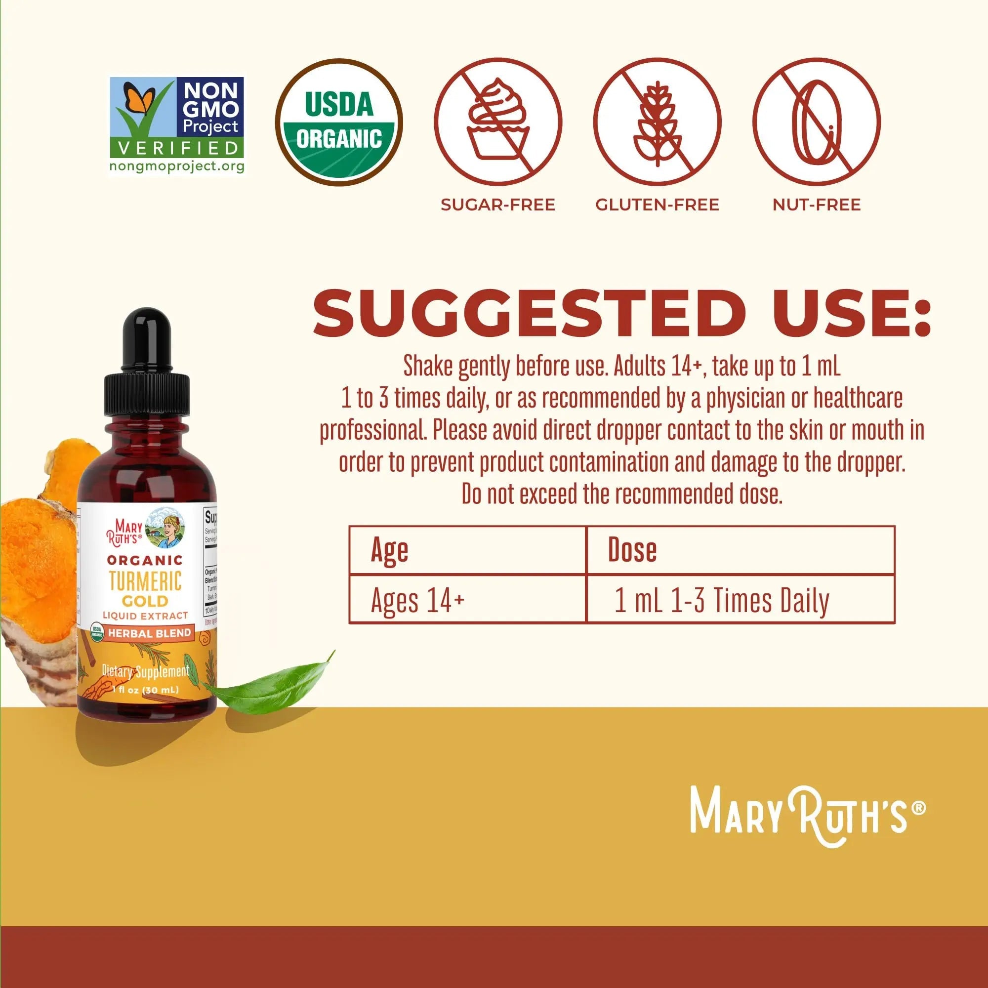 MaryRuth Organics USDA Turmeric Gold Liquid Drops | Herbal Blend | Turmeric Curcumin | Black Pepper | Cassia Cinnamon Bark | Ginger Root | Immune Support | Non-GMO Project Verified | Vegan | 1oz - TrustMedUSA