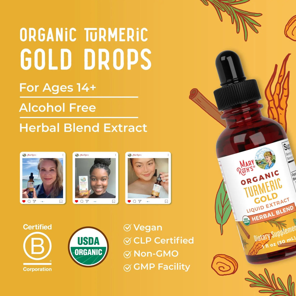 MaryRuth Organics USDA Turmeric Gold Liquid Drops | Herbal Blend | Turmeric Curcumin | Black Pepper | Cassia Cinnamon Bark | Ginger Root | Immune Support | Non-GMO Project Verified | Vegan | 1oz - TrustMedUSA