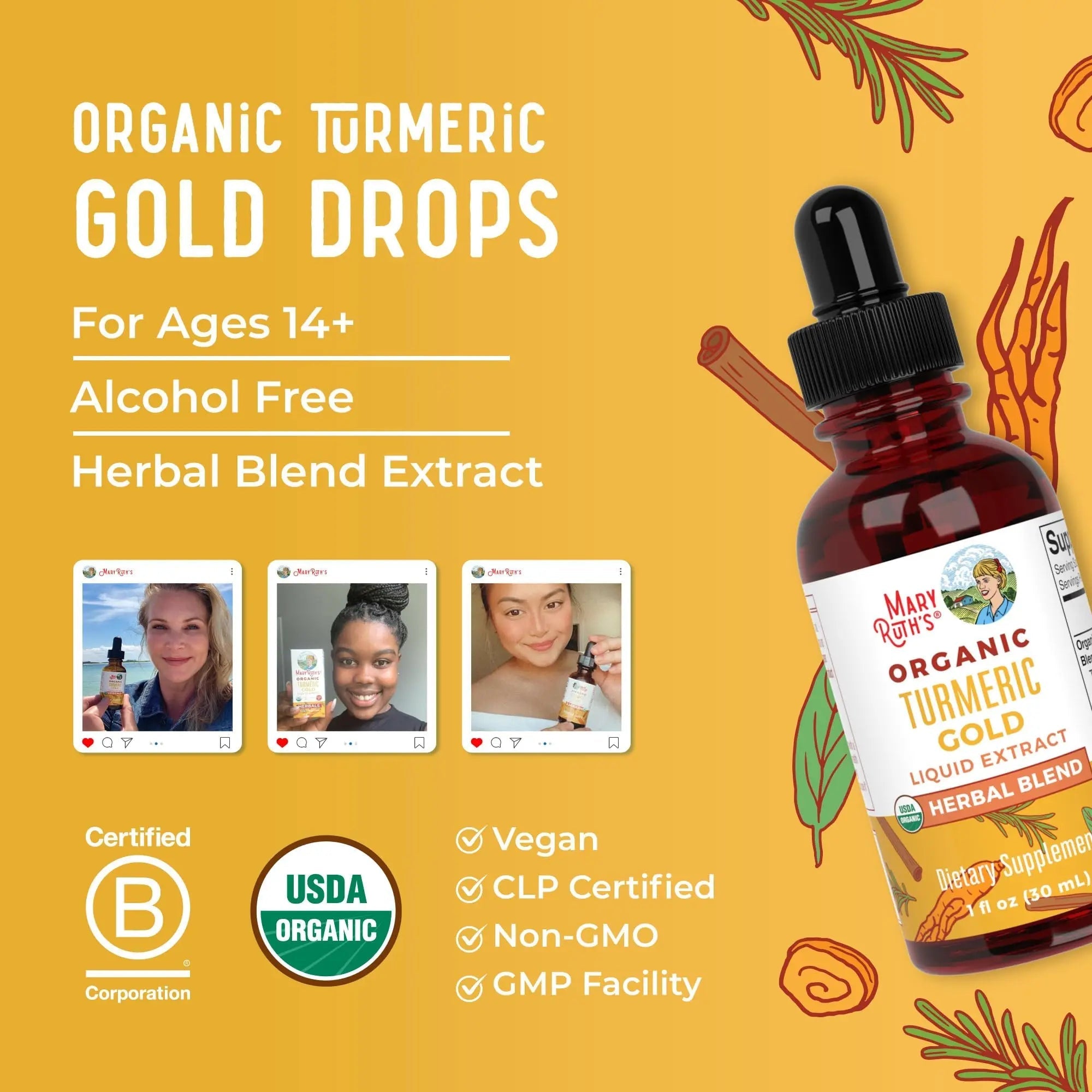 MaryRuth Organics USDA Turmeric Gold Liquid Drops | Herbal Blend | Turmeric Curcumin | Black Pepper | Cassia Cinnamon Bark | Ginger Root | Immune Support | Non-GMO Project Verified | Vegan | 1oz - TrustMedUSA
