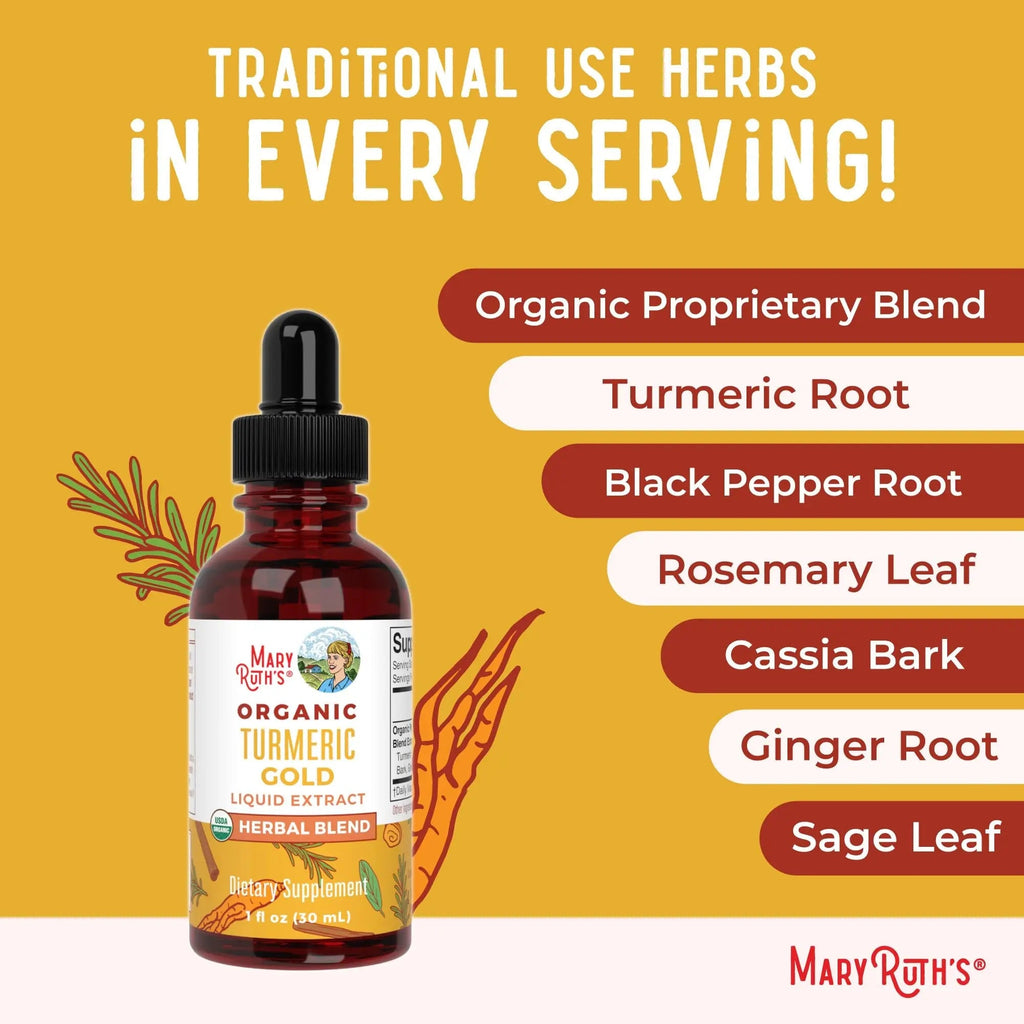 MaryRuth Organics USDA Turmeric Gold Liquid Drops | Herbal Blend | Turmeric Curcumin | Black Pepper | Cassia Cinnamon Bark | Ginger Root | Immune Support | Non-GMO Project Verified | Vegan | 1oz - TrustMedUSA