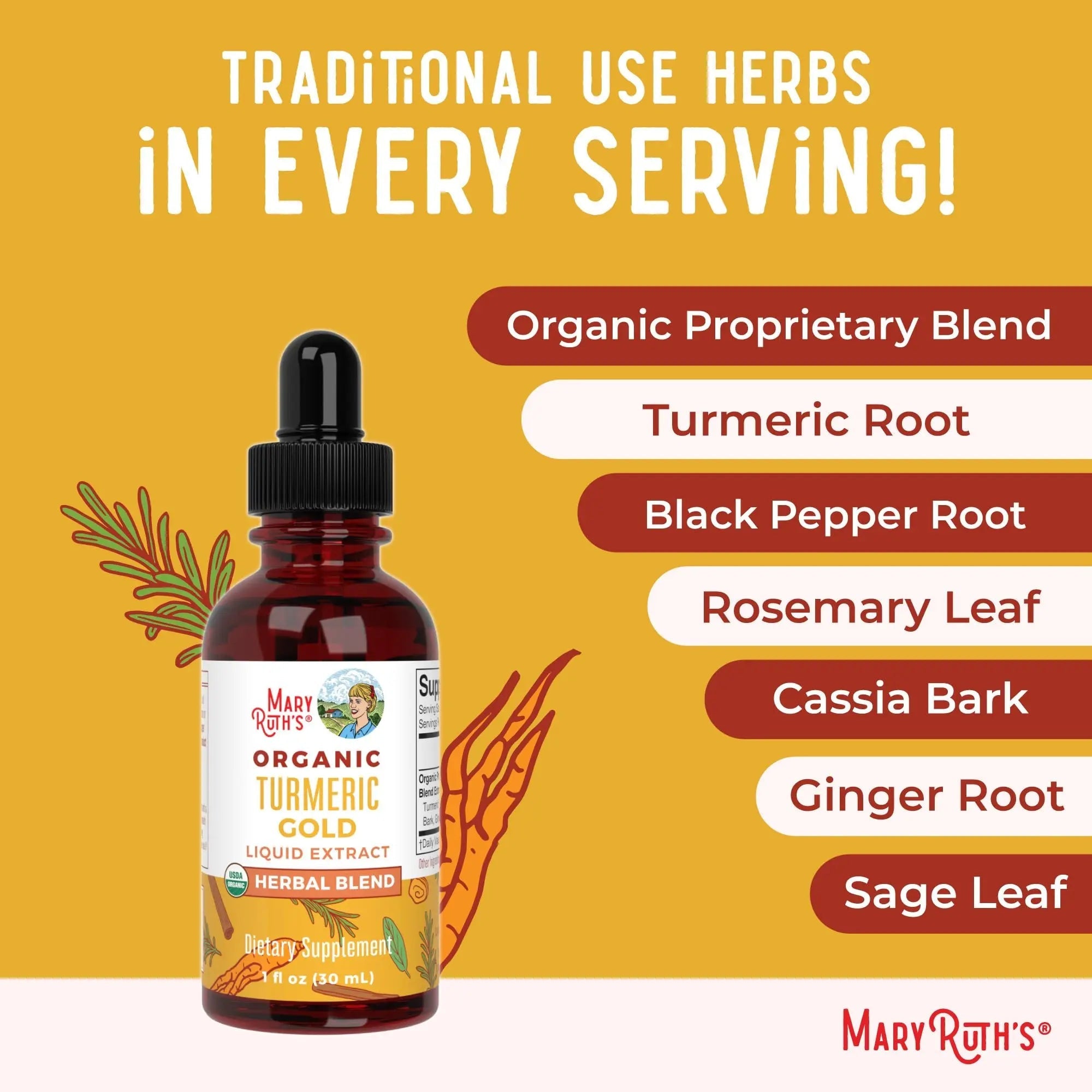 MaryRuth Organics USDA Turmeric Gold Liquid Drops | Herbal Blend | Turmeric Curcumin | Black Pepper | Cassia Cinnamon Bark | Ginger Root | Immune Support | Non-GMO Project Verified | Vegan | 1oz - TrustMedUSA
