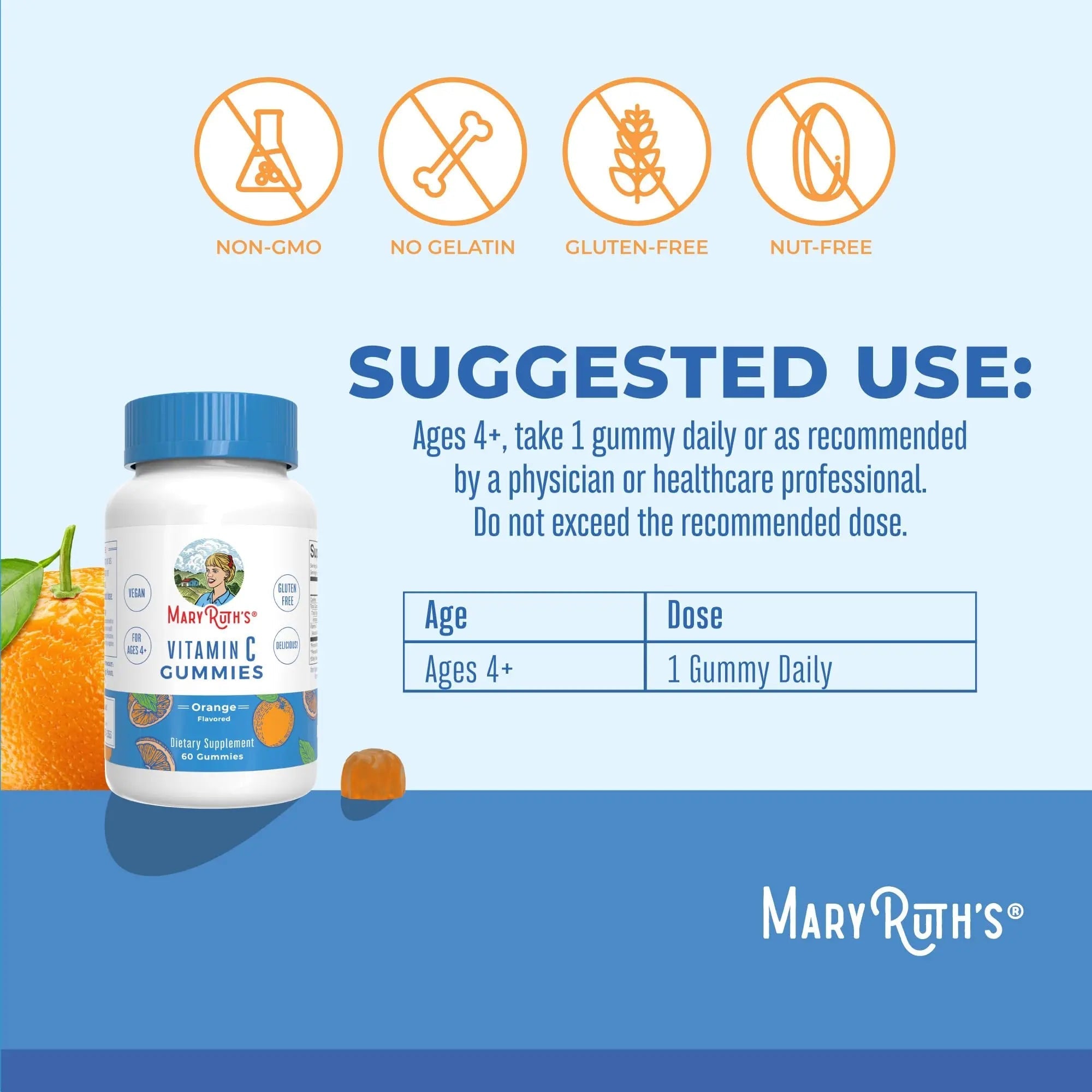 MaryRuth Organics Vegan Vitamin C Gummies | 2 Month Supply | Immune Support Supplement for Adults & Kids | Chewable Vitamin C Gummy Vitamins | Non-GMO | Pectin Based | 60 Count - TrustMedUSA