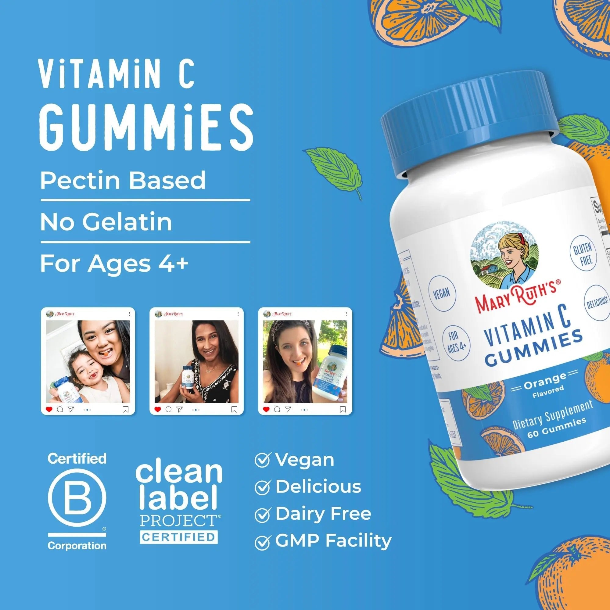 MaryRuth Organics Vegan Vitamin C Gummies | 2 Month Supply | Immune Support Supplement for Adults & Kids | Chewable Vitamin C Gummy Vitamins | Non-GMO | Pectin Based | 60 Count - TrustMedUSA