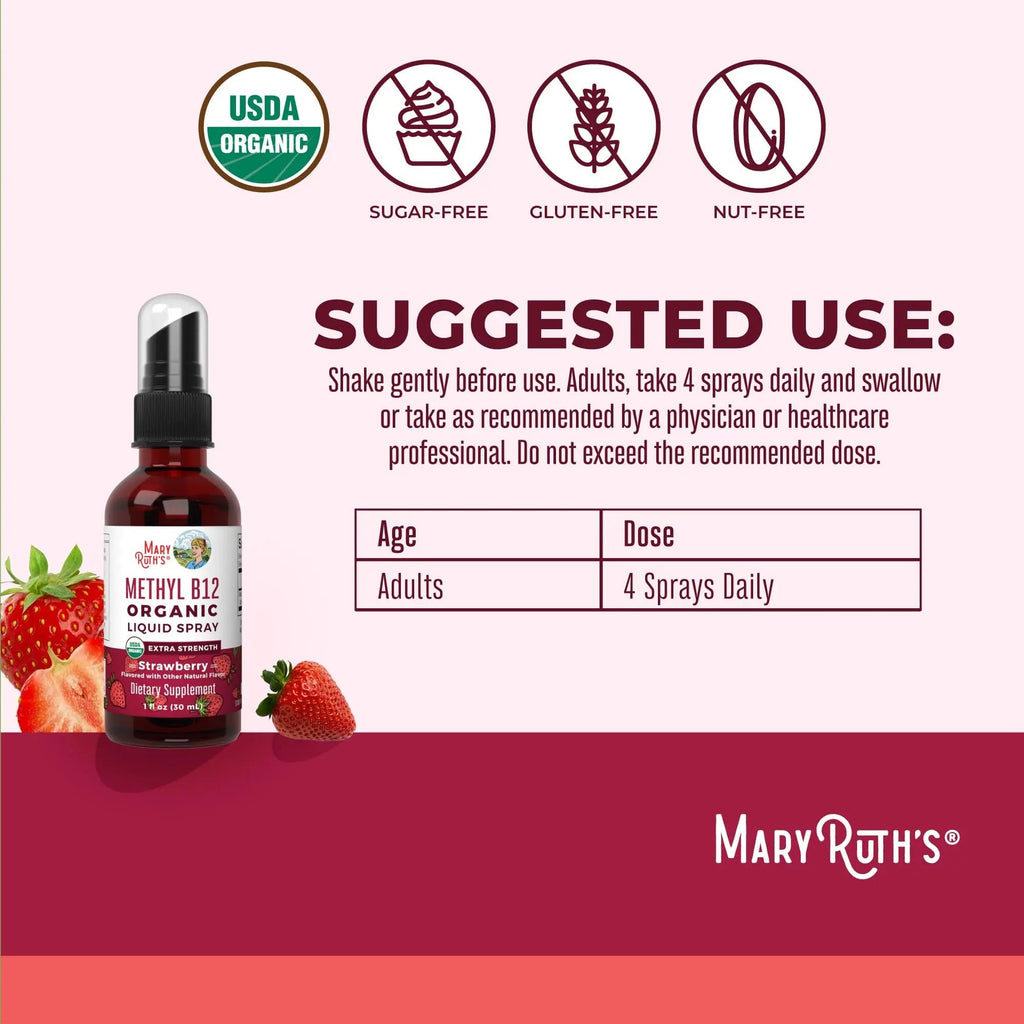 MaryRuth Organics Vitamin B12 Liquid Spray | Vegan, Non-GMO, Gluten-Free | USDA Organic Supplement | Energy & Nervous System Support | B12 Vitamins for Women & Men | 720 mcg | 1 Fl Oz - TrustMedUSA