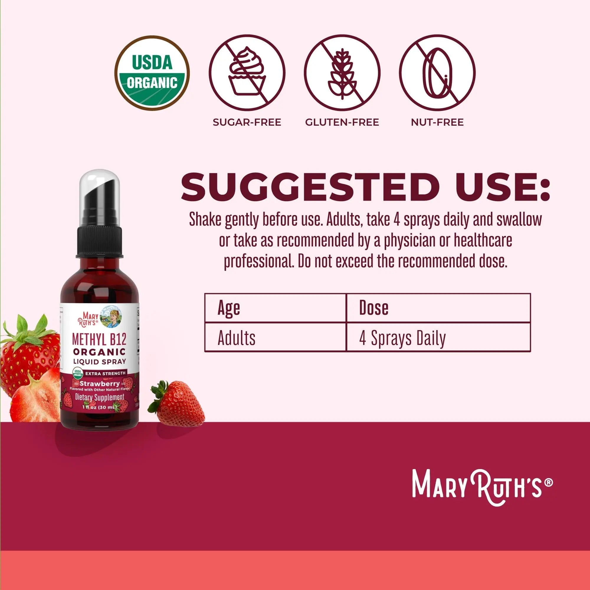 MaryRuth Organics Vitamin B12 Liquid Spray | Vegan, Non-GMO, Gluten-Free | USDA Organic Supplement | Energy & Nervous System Support | B12 Vitamins for Women & Men | 720 mcg | 1 Fl Oz - TrustMedUSA