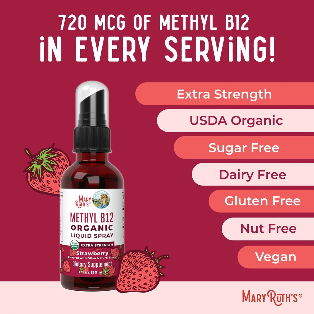 MaryRuth Organics Vitamin B12 Liquid Spray | Vegan, Non-GMO, Gluten-Free | USDA Organic Supplement | Energy & Nervous System Support | B12 Vitamins for Women & Men | 720 mcg | 1 Fl Oz - TrustMedUSA