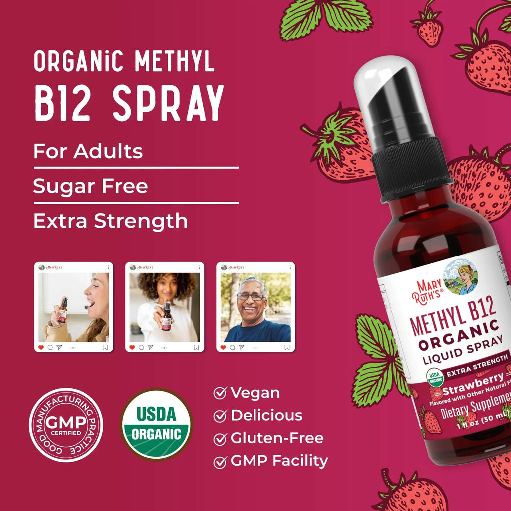 MaryRuth Organics Vitamin B12 Liquid Spray | Vegan, Non-GMO, Gluten-Free | USDA Organic Supplement | Energy & Nervous System Support | B12 Vitamins for Women & Men | 720 mcg | 1 Fl Oz - TrustMedUSA
