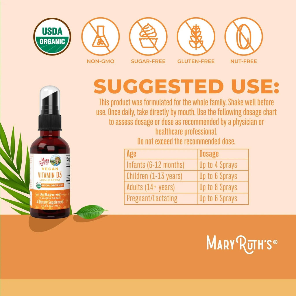 MaryRuth Organics Vitamin D USDA Organic | VIT D3 Liquid | Sugar Free | Liquid VIT D Spray Immune Support for Adults & Kids | Bone Health| Vegan | Gluten Free | Non-GMO | 30 Servings - TrustMedUSA