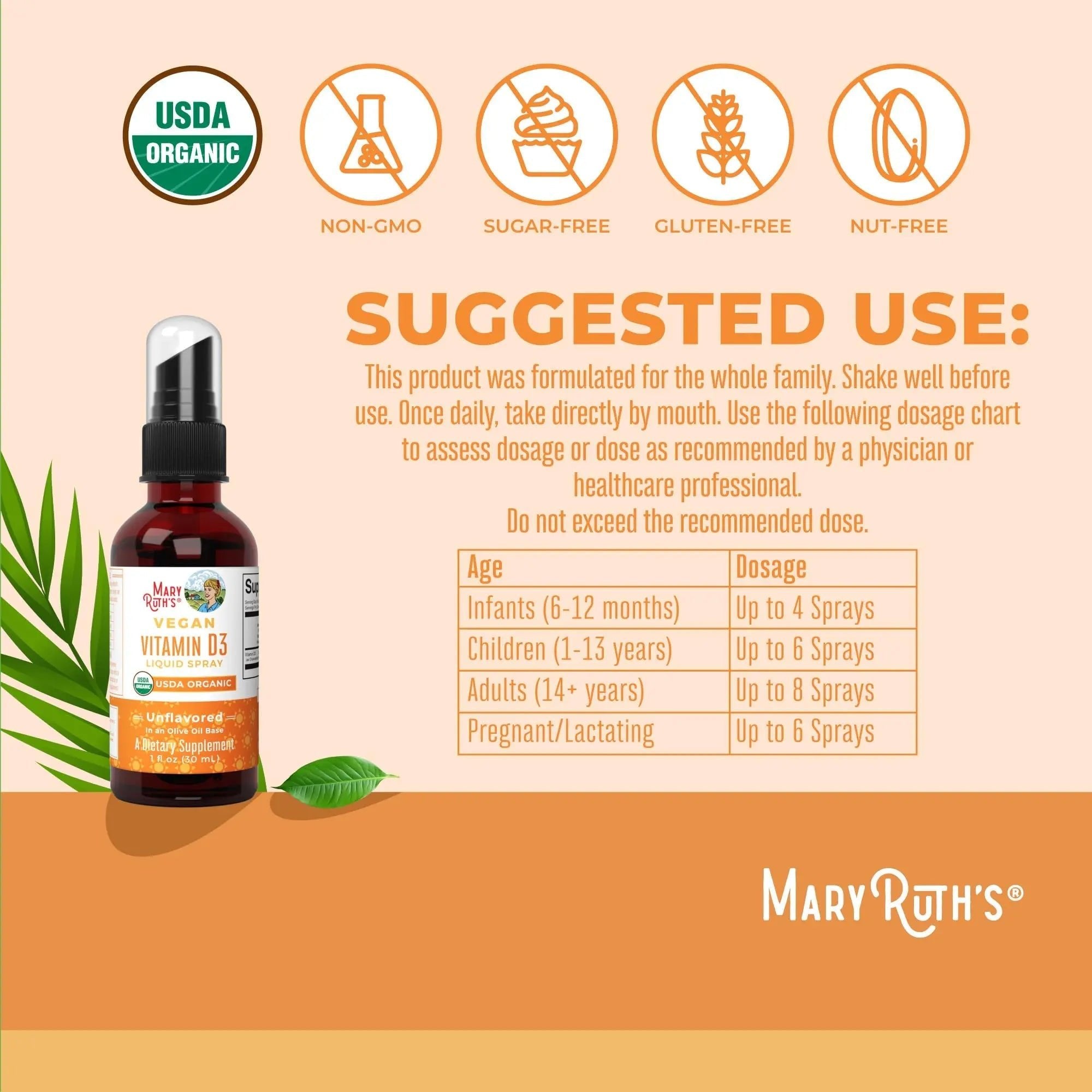 MaryRuth Organics Vitamin D USDA Organic | VIT D3 Liquid | Sugar Free | Liquid VIT D Spray Immune Support for Adults & Kids | Bone Health| Vegan | Gluten Free | Non-GMO | 30 Servings - TrustMedUSA