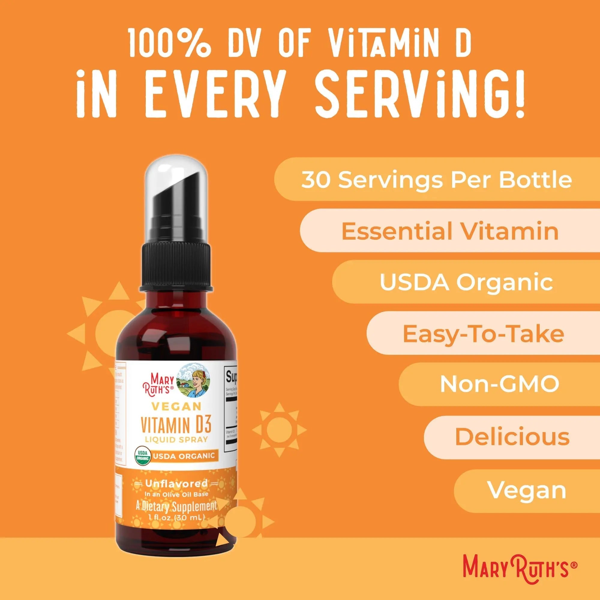 MaryRuth Organics Vitamin D USDA Organic | VIT D3 Liquid | Sugar Free | Liquid VIT D Spray Immune Support for Adults & Kids | Bone Health| Vegan | Gluten Free | Non-GMO | 30 Servings - TrustMedUSA