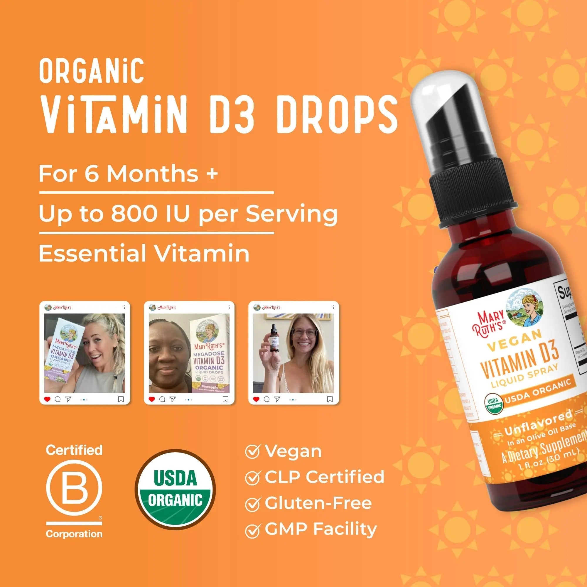 MaryRuth Organics Vitamin D USDA Organic | VIT D3 Liquid | Sugar Free | Liquid VIT D Spray Immune Support for Adults & Kids | Bone Health| Vegan | Gluten Free | Non-GMO | 30 Servings - TrustMedUSA