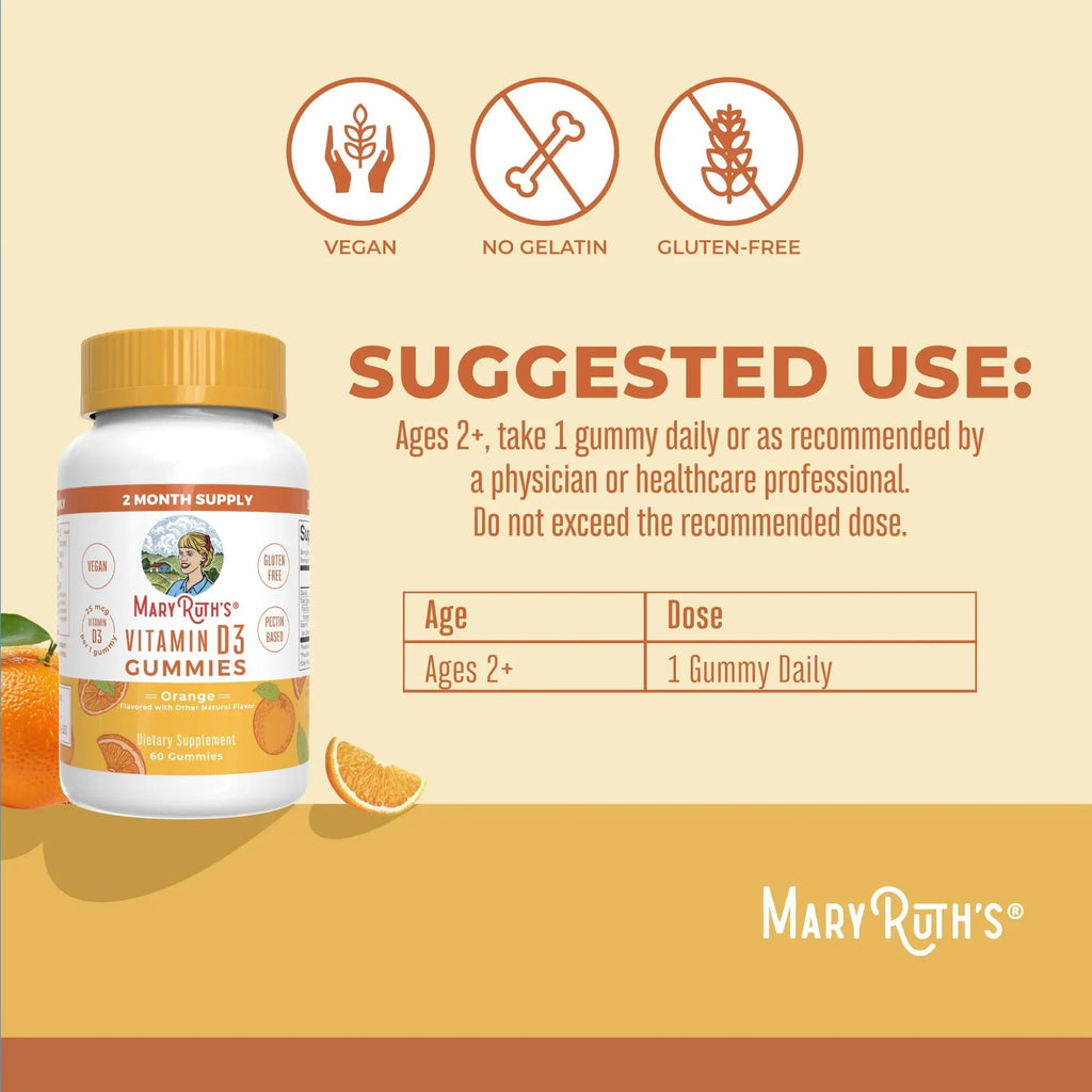 MaryRuth Organics Vitamin D3 Gummies | 2 Month Supply | Adults & Kids Vitamin D Gummy | Immune Support Supplement | VIT D3 1000IU for Bone Health&Muscle Function | Vegan | Non-GMO | Gluten Free | 60 - TrustMedUSA