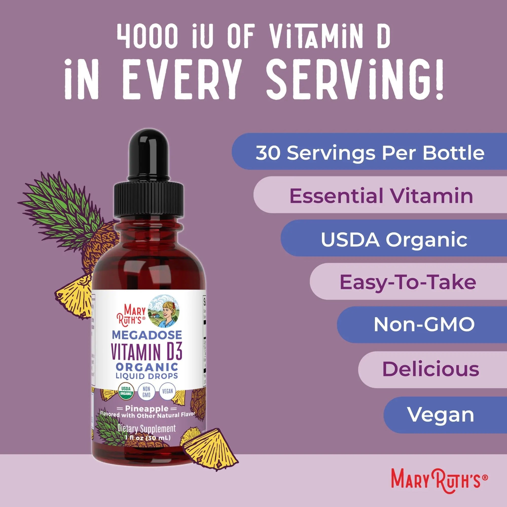 MaryRuth Organics Vitamin D3 Liquid Drops | Megadose 4000 IU | USDA Organic Liquid Vitamin D Spray for Adults & Kids | Immune Support & Bone Health | Vegan | Gluten Free | Non-GMO | 30 Servings - TrustMedUSA
