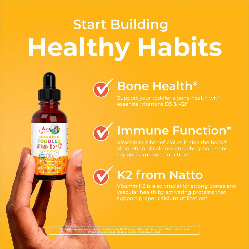 MaryRuth Organics Vitamin D3 | Vitamin K2 | Vitamin D3 K2 Drops | K2 D3 Vitamin Liquid Supplement for Toddlers | Kids Supplement for Calcium Absorption Strong Bones | Vegan | Gluten Free | 1 Fl Oz - TrustMedUSA