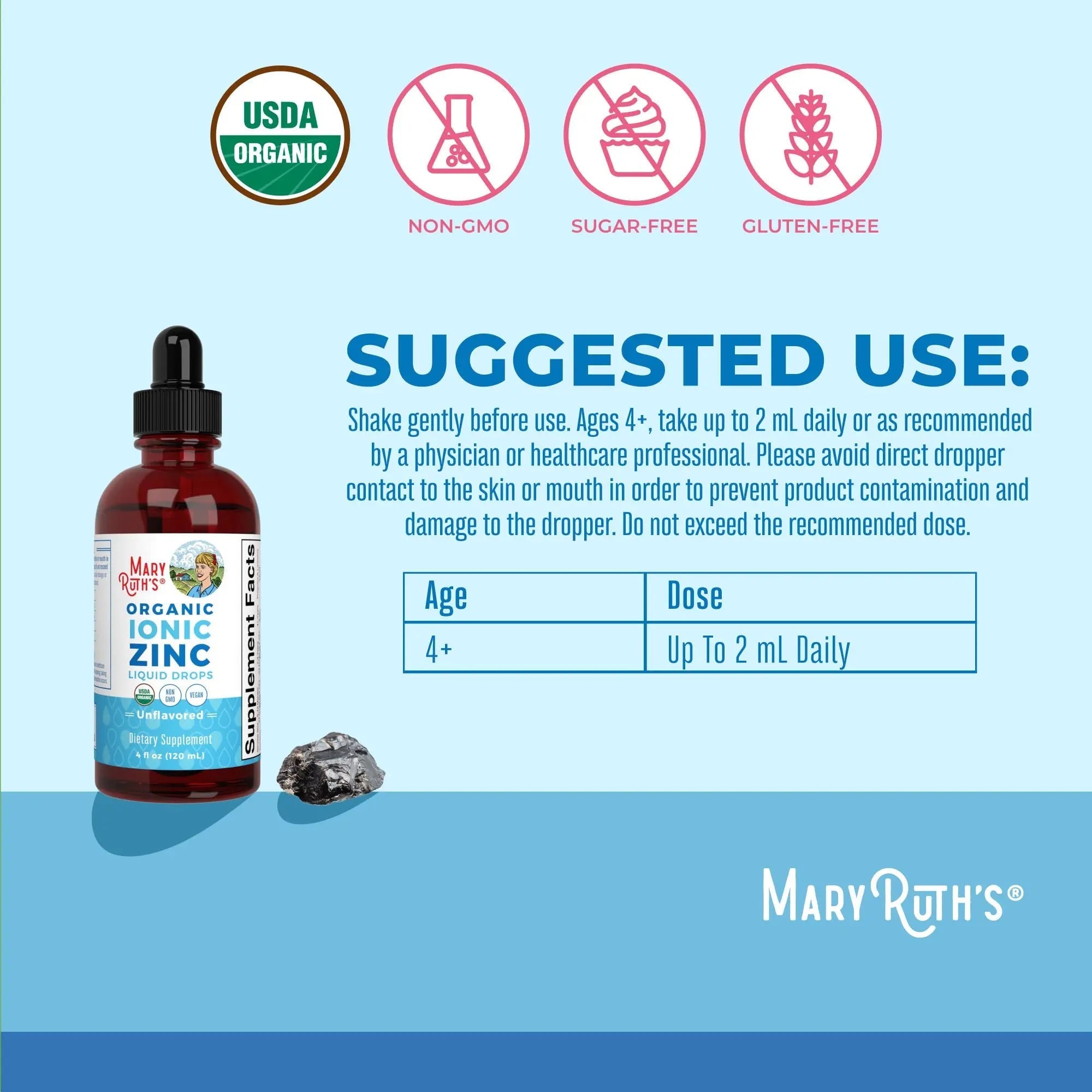 MaryRuth Organics Zinc Supplement for Immune Support, Immune Support Supplement for Kids, Ages 4-13, Zinc Sulfate, Vegan, USDA Organic, Glycerin Based, 2 Fl Oz - TrustMedUSA