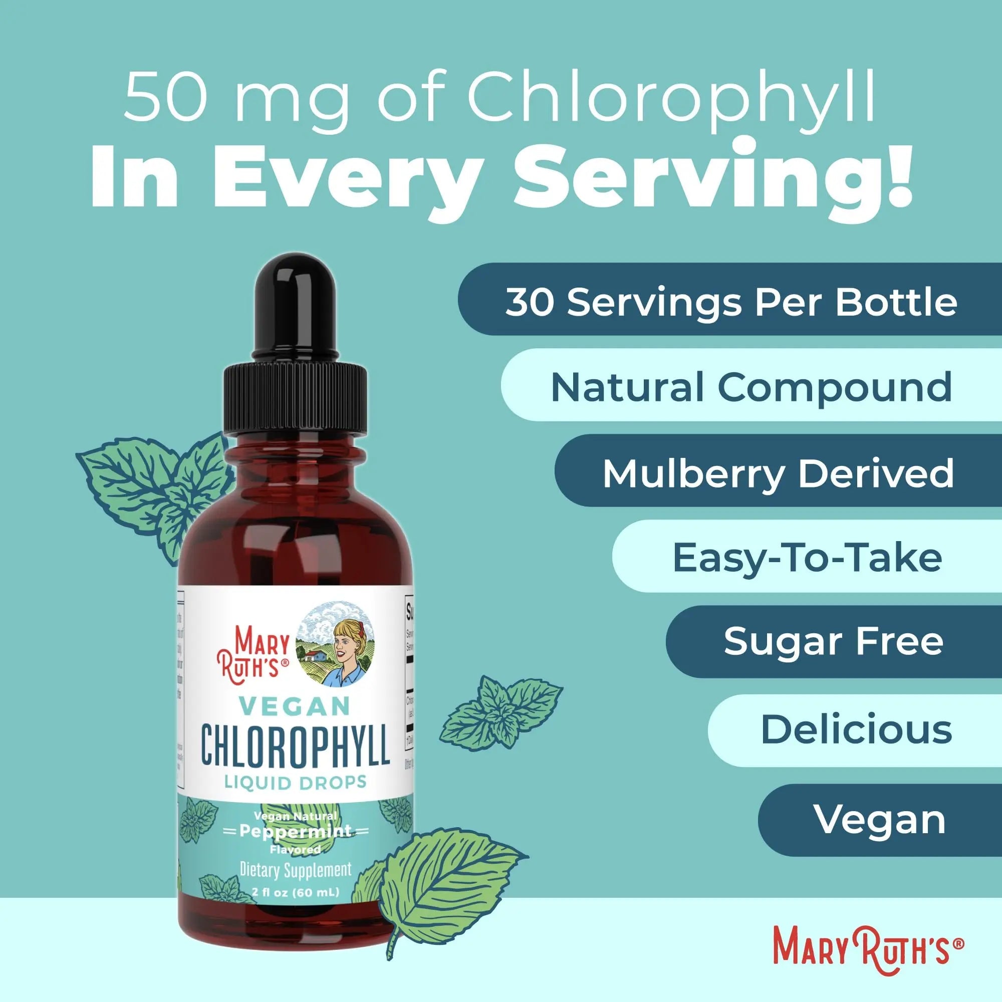 MaryRuth's Chlorophyll Liquid Drops | Clean Label Project Certified® | Vegan | Non-Diluted Liquid Chlorophyll| Mulberry Derived Supplement for Ages 14+ | Non-GMO | Delicious Minty Flavor | 2 Fl Oz - TrustMedUSA