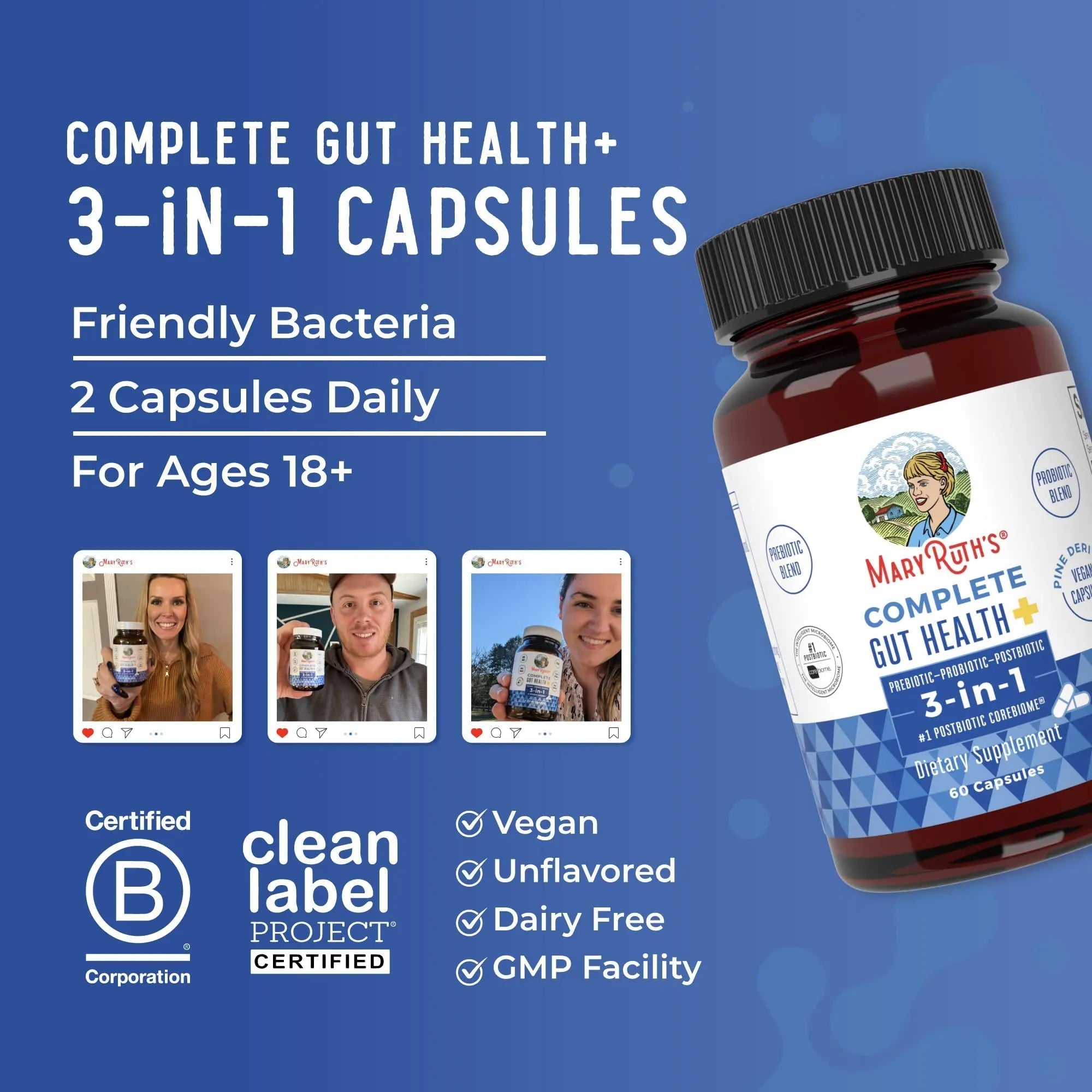 MARYRUTH'S Complete Gut Health+ Capsules | 5 Probiotic Blend | Butyrate | Corebiome® | Vegan Gut Support | Support Gastrointestinal Health & Microbiome - TrustMedUSA