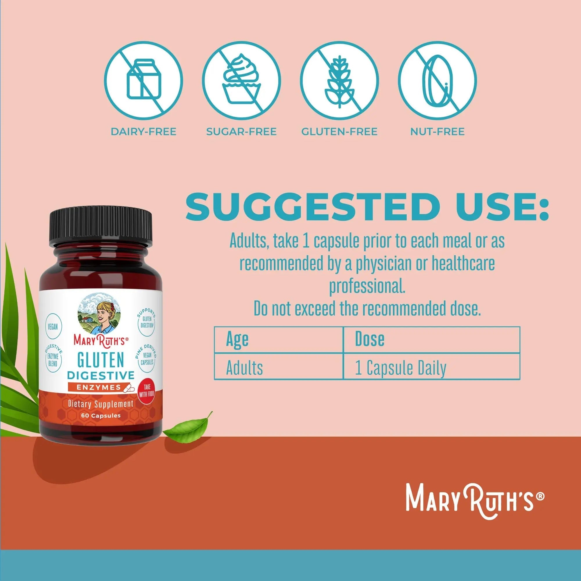 MaryRuth’s Gluten Digestive Enzymes | Up to 2 Month Supply | Proprietary Enzyme Blend | Vegan Pine-Based Capsules | Non-GMO | 60 Count - TrustMedUSA