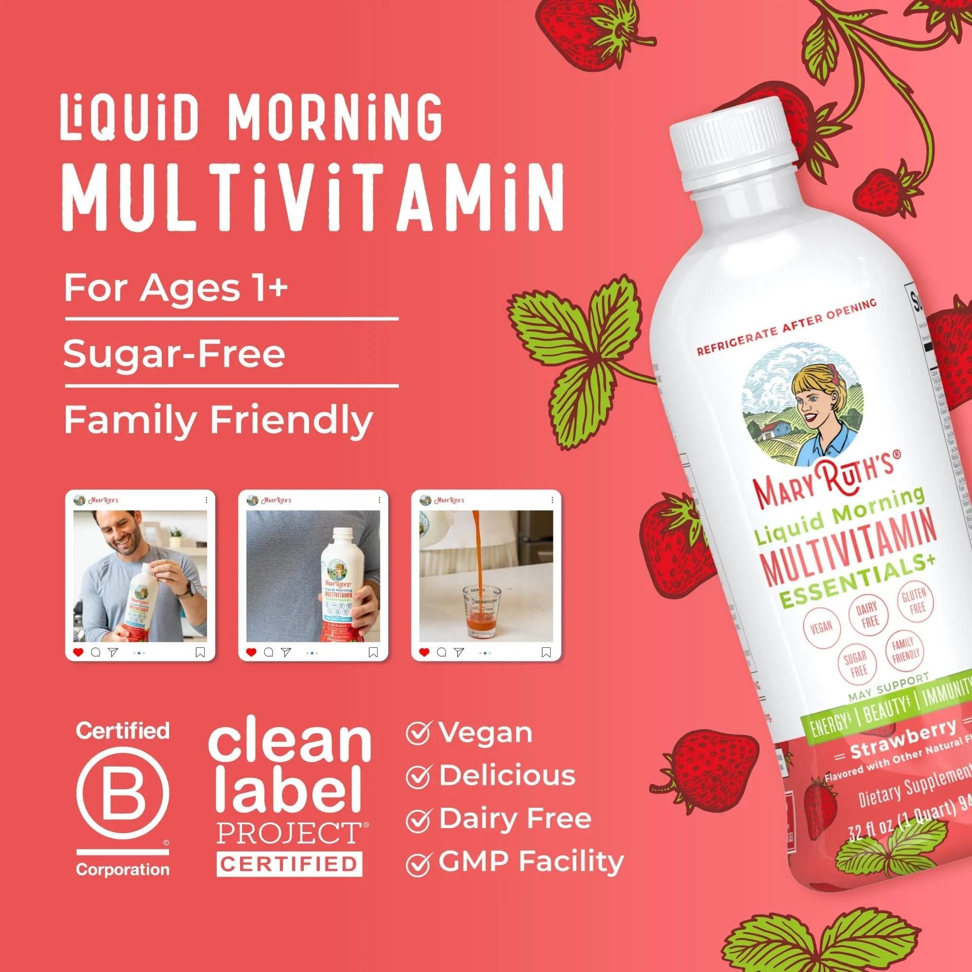 MaryRuth's Liquid Morning Multivitamin Essentials+ | Vitamin A C D E B6 B12 K2 Biotin Zinc | Mens Womens Multivitamin | Immune Support | Beauty | Sugar Free | Vitamins for Ages 1+ | Vegan | 32 Fl Oz - TrustMedUSA