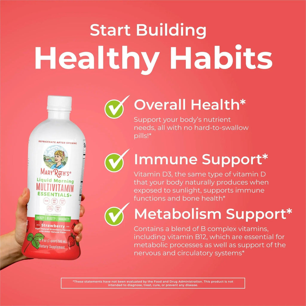MaryRuth's Liquid Morning Multivitamin Essentials+ | Vitamin A C D E B6 B12 K2 Biotin Zinc | Mens Womens Multivitamin | Immune Support | Beauty | Sugar Free | Vitamins for Ages 1+ | Vegan | 32 Fl Oz - TrustMedUSA