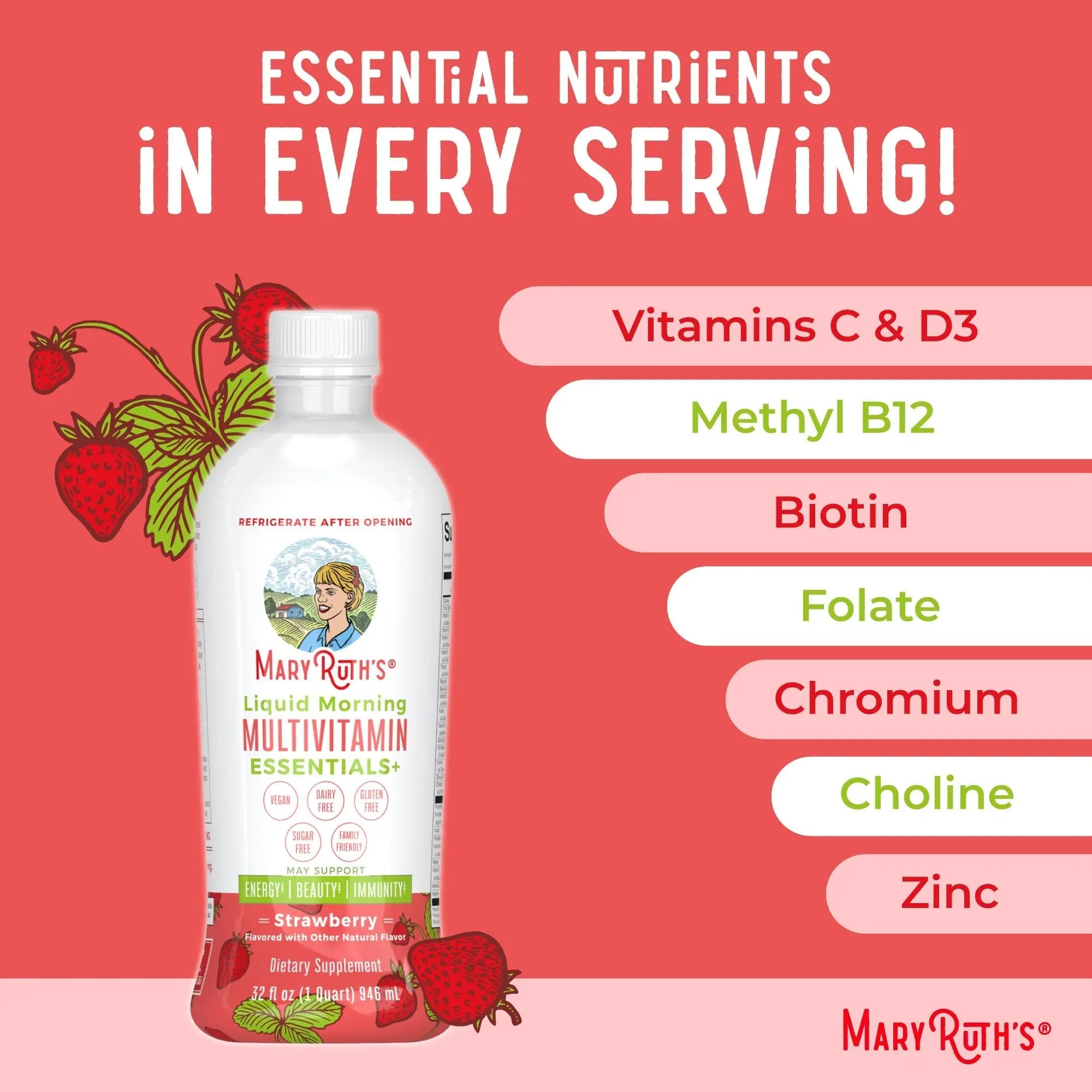 MaryRuth's Liquid Morning Multivitamin Essentials+ | Vitamin A C D E B6 B12 K2 Biotin Zinc | Mens Womens Multivitamin | Immune Support | Beauty | Sugar Free | Vitamins for Ages 1+ | Vegan | 32 Fl Oz - TrustMedUSA