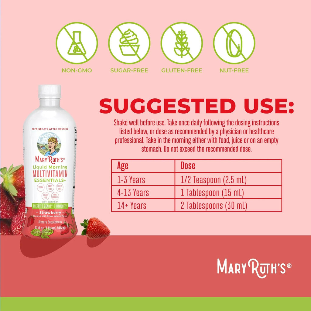 MaryRuth's Liquid Morning Multivitamin Essentials+ | Vitamin A C D E B6 B12 K2 Biotin Zinc | Mens Womens Multivitamin | Immune Support | Beauty | Sugar Free | Vitamins for Ages 1+ | Vegan | 32 Fl Oz - TrustMedUSA
