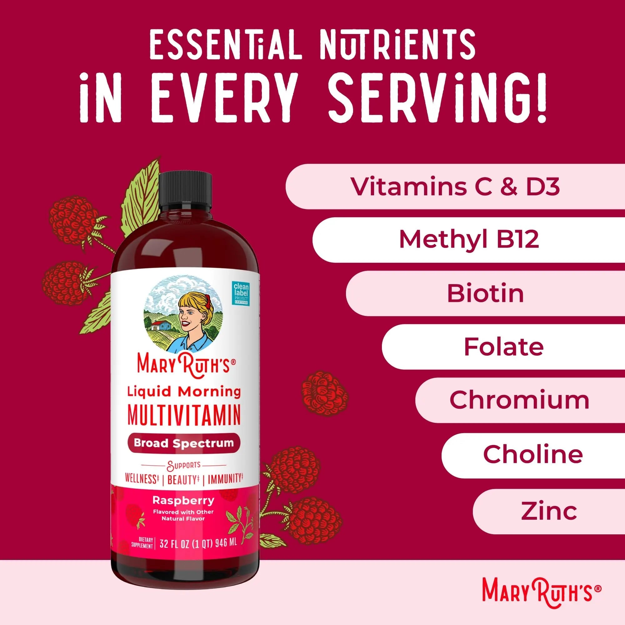 MARYRUTH'S Liquid Morning Multivitamin for Women, Men & Kids | Vitamin A C D E B6 B12 Biotin Zinc | Beauty | Vegan | Non-GMO | Gluten Free | 32 Servings - TrustMedUSA