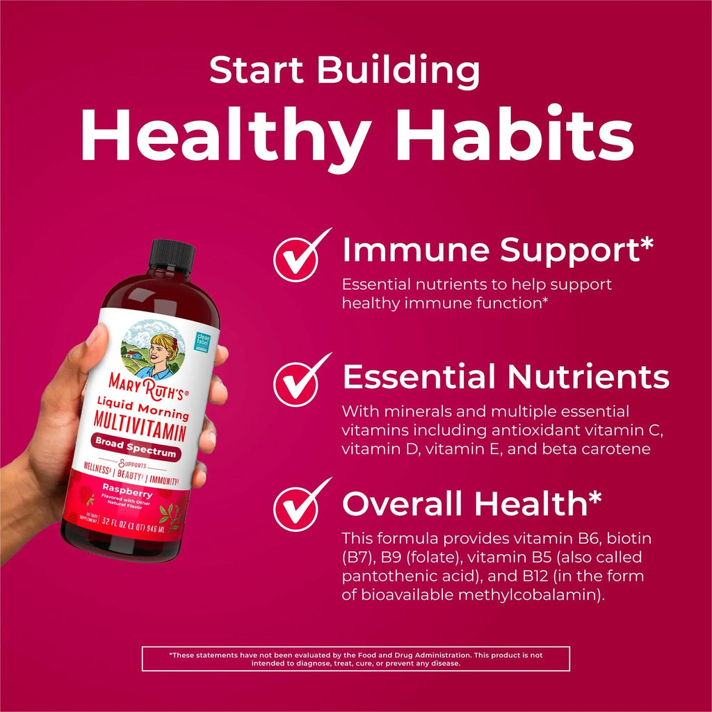 MARYRUTH'S Liquid Morning Multivitamin for Women, Men & Kids | Vitamin A C D E B6 B12 Biotin Zinc | Beauty | Vegan | Non-GMO | Gluten Free | 32 Servings - TrustMedUSA
