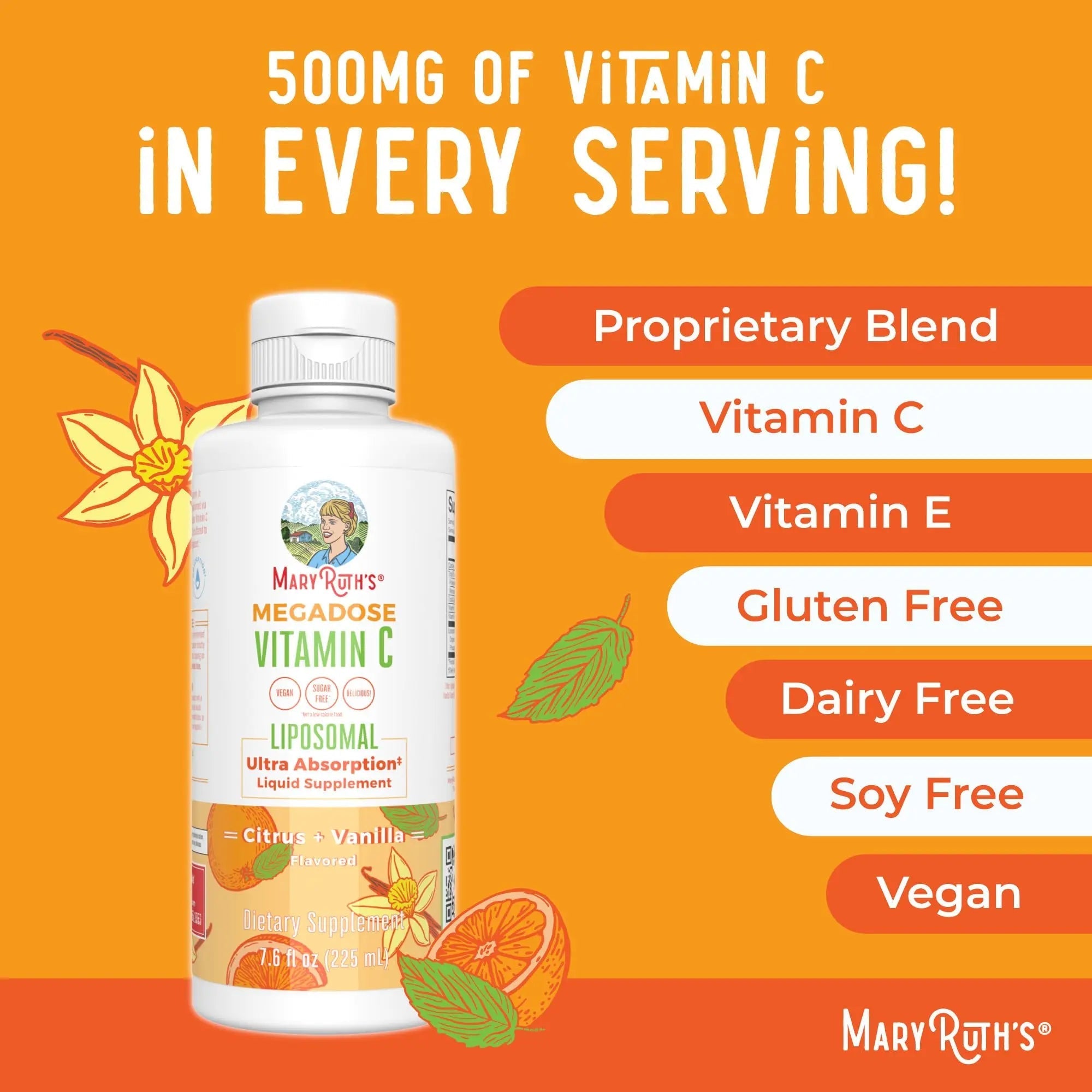MaryRuth's Megadose Liquid Vitamin C Liposomal | 500 mg Per Serving | Ultra Absorption | Immunity | Antioxidant Support | Collagen Formation | Vegan | Gluten Free | Sugar Free | 7.6 Oz | 30 Servings - TrustMedUSA