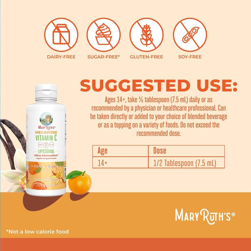 MaryRuth's Megadose Liquid Vitamin C Liposomal | 500 mg Per Serving | Ultra Absorption | Immunity | Antioxidant Support | Collagen Formation | Vegan | Gluten Free | Sugar Free | 7.6 Oz | 30 Servings - TrustMedUSA