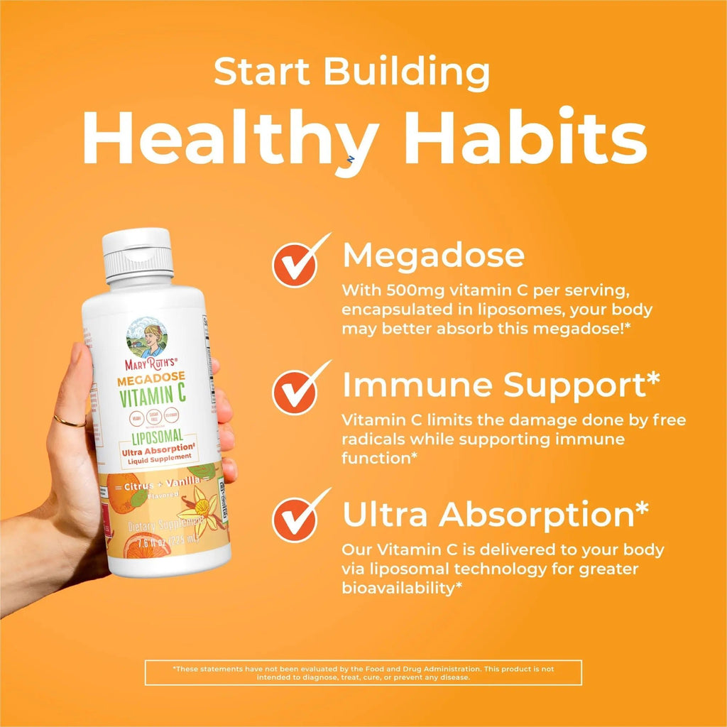 MaryRuth's Megadose Liquid Vitamin C Liposomal | 500 mg Per Serving | Ultra Absorption | Immunity | Antioxidant Support | Collagen Formation | Vegan | Gluten Free | Sugar Free | 7.6 Oz | 30 Servings - TrustMedUSA