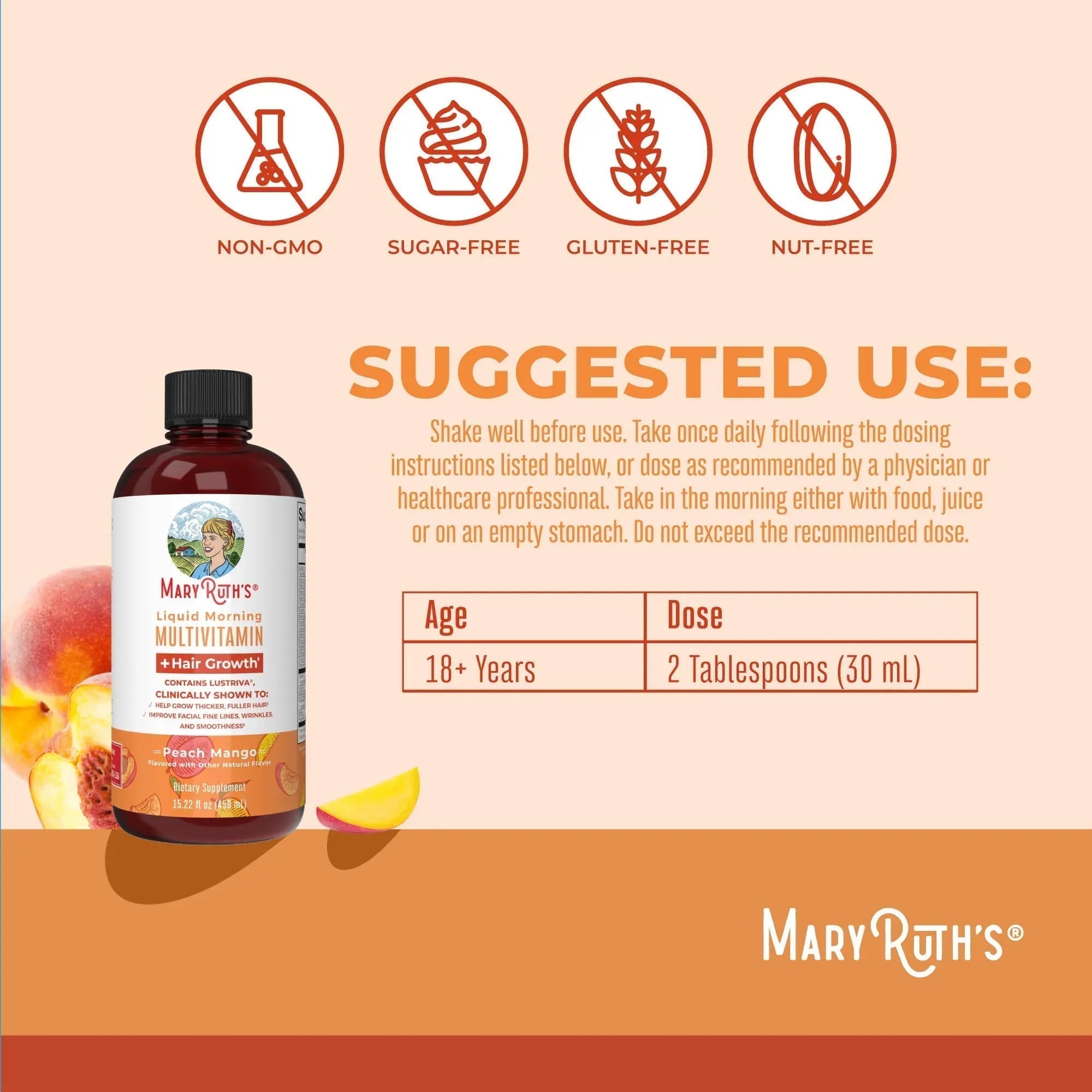 MaryRuth's Morning Multivitamin +Hair Growth (Peach Mango, 15oz), Nighttime Multimineral (Coconut, 15oz) & Probiotic Drops (2oz) | - TrustMedUSA
