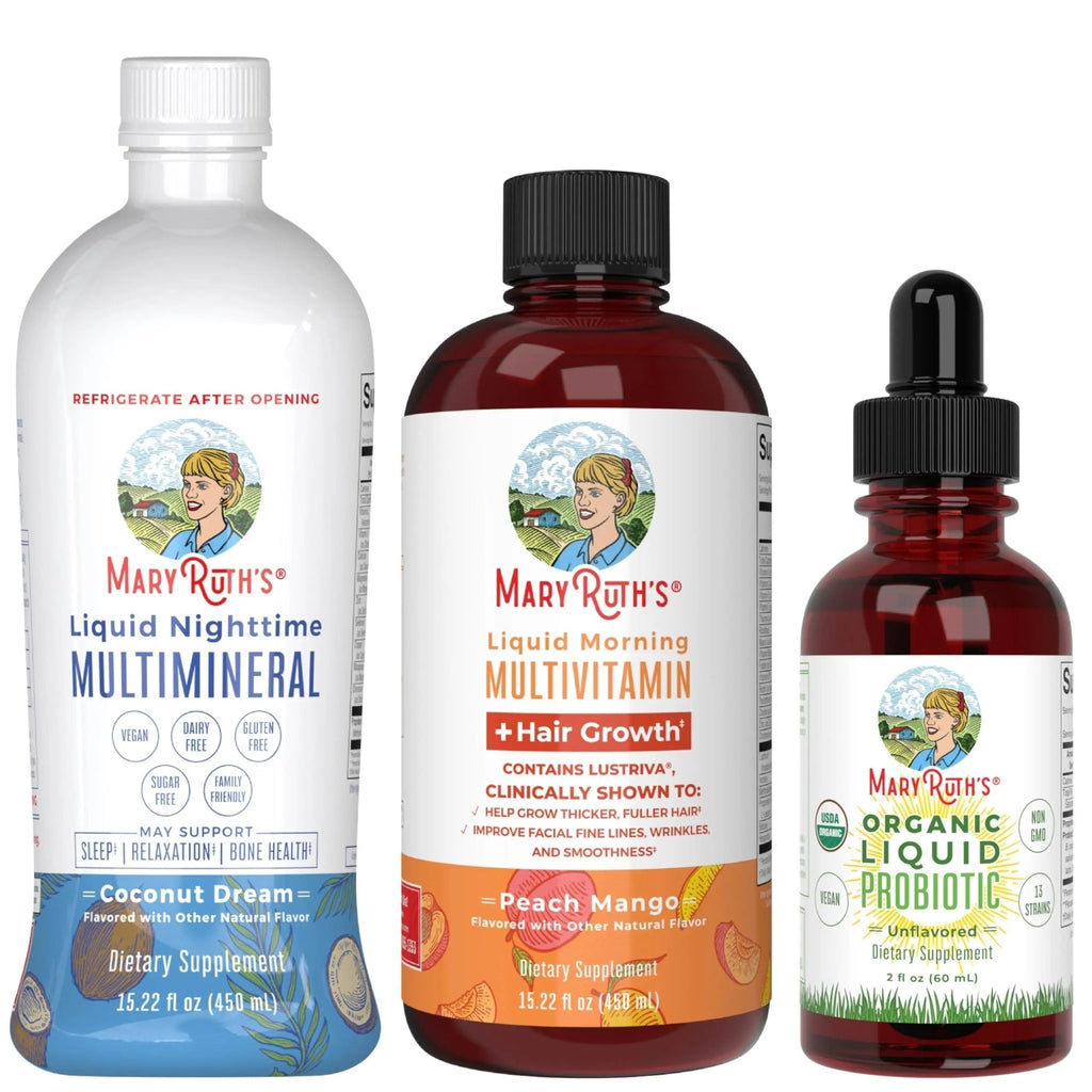 MaryRuth's Morning Multivitamin +Hair Growth (Peach Mango, 15oz), Nighttime Multimineral (Coconut, 15oz) & Probiotic Drops (2oz) | - TrustMedUSA