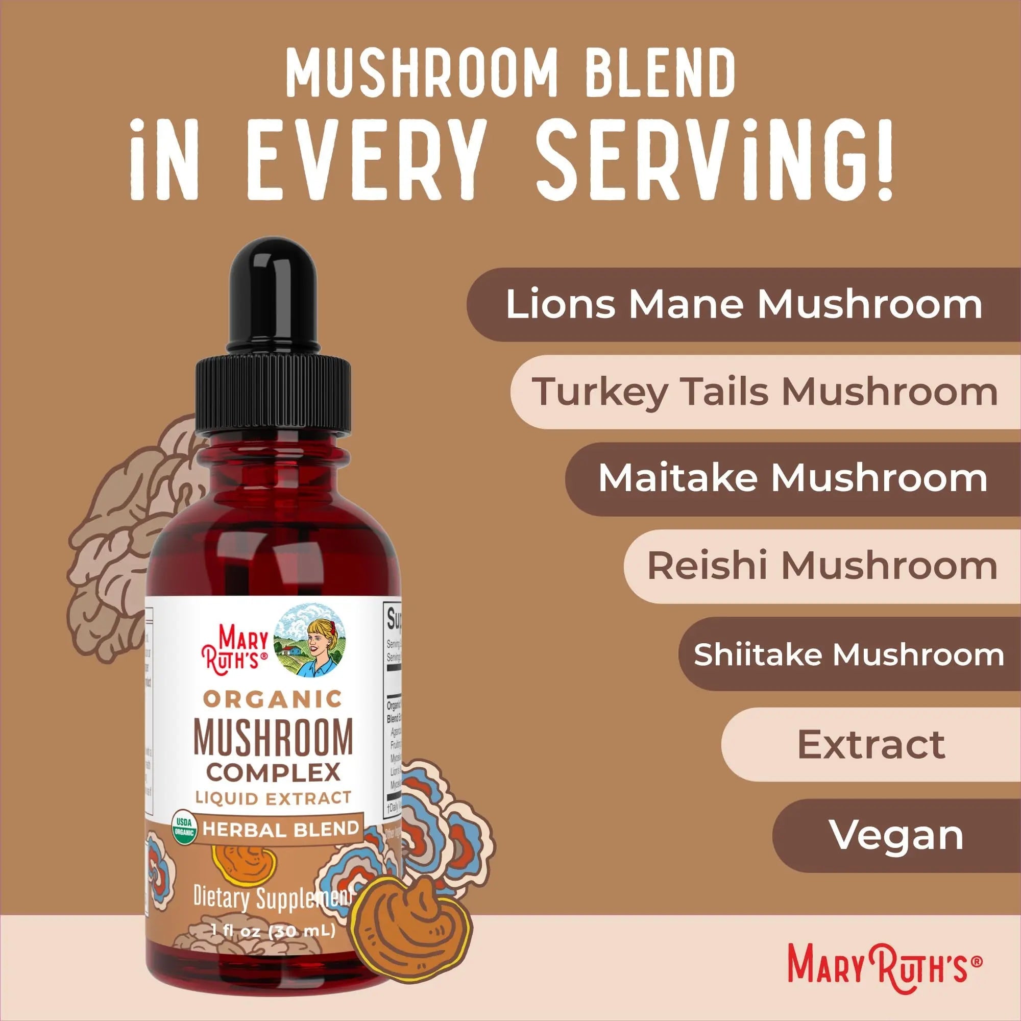 MaryRuth's Mushroom Complex | Lion's Mane | Turkey Tail | Reishi Mushroom | Shiitake Mushrooms | Alcohol Free | Mushroom Blend | Organic | Non-GMO | Vegan | 30 Servings - TrustMedUSA