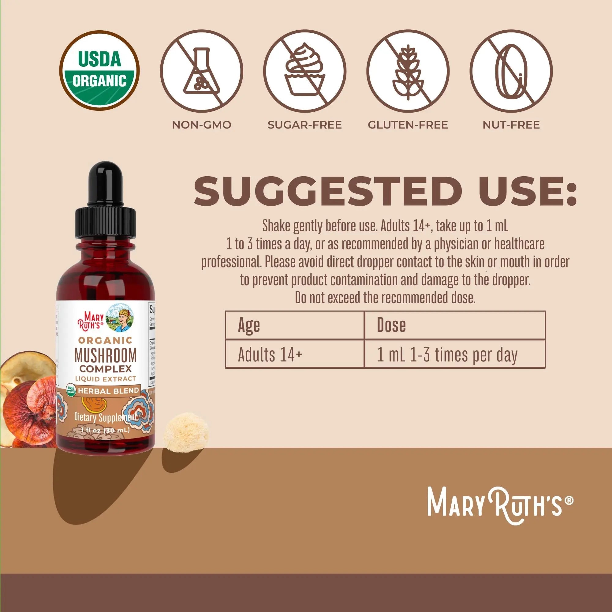 MaryRuth's Mushroom Complex | Lion's Mane | Turkey Tail | Reishi Mushroom | Shiitake Mushrooms | Alcohol Free | Mushroom Blend | Organic | Non-GMO | Vegan | 30 Servings - TrustMedUSA