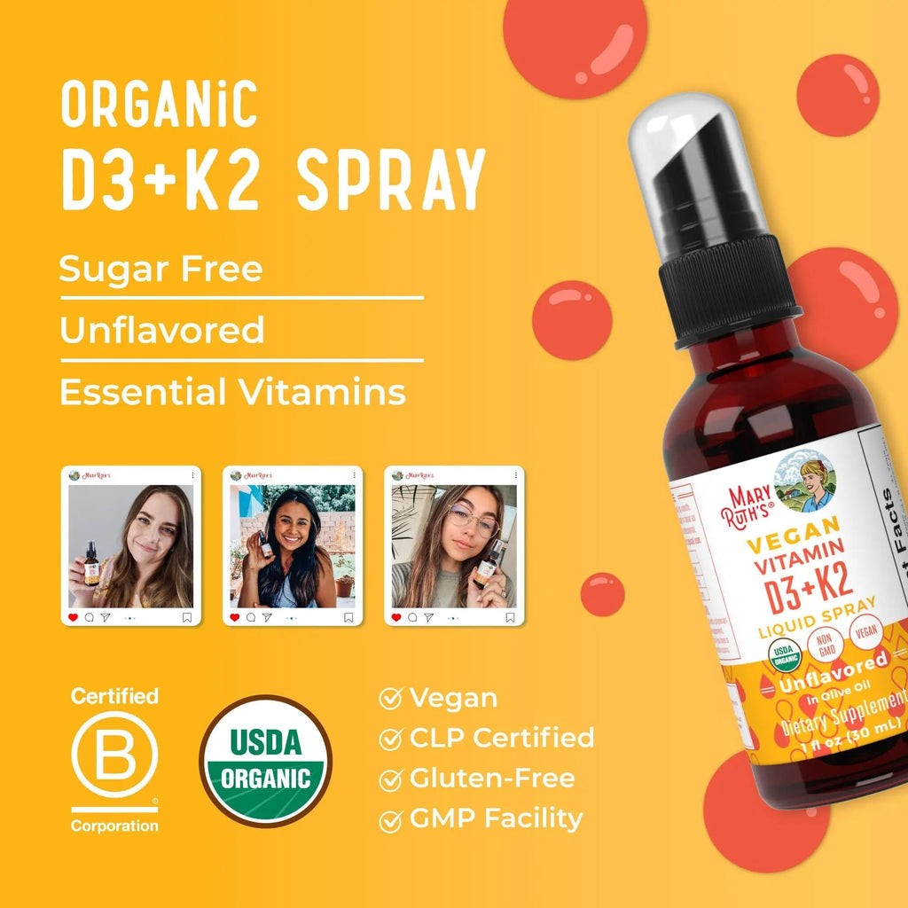 MaryRuth's Organic D3 + K2 Spray for Adults & Kids for Bone Health | Vitamin D3 as Cholecalciferol | Vitamin K2 | Immunity | Mineral Absorption | Heart Health | Vegan | Non-GMO | Gluten Free | 1 Fl Oz - TrustMedUSA