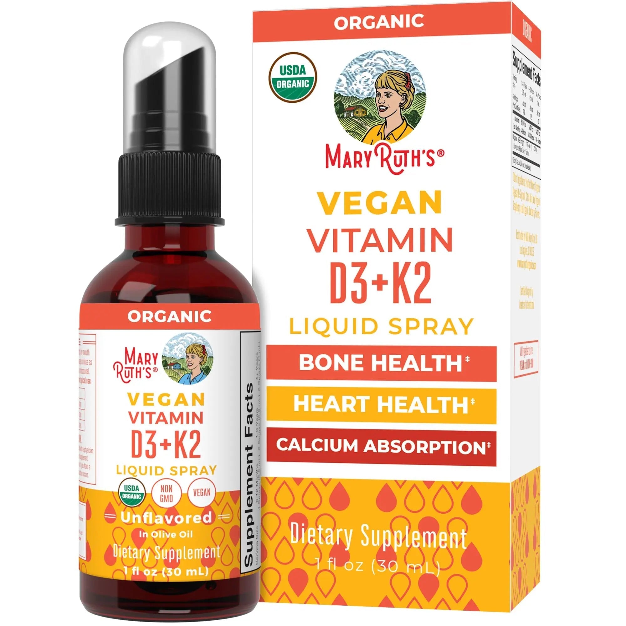 MaryRuth's Organic D3 + K2 Spray for Adults & Kids for Bone Health | Vitamin D3 as Cholecalciferol | Vitamin K2 | Immunity | Mineral Absorption | Heart Health | Vegan | Non-GMO | Gluten Free | 1 Fl Oz - TrustMedUSA