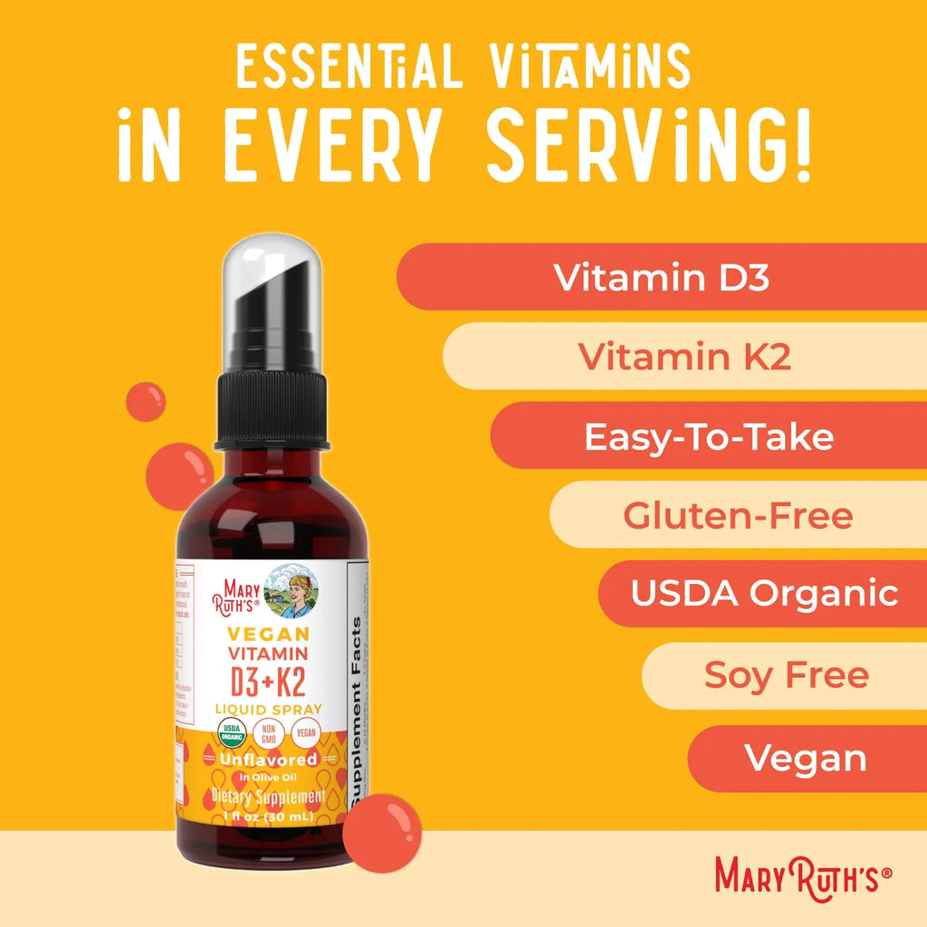 MaryRuth's Organic D3 + K2 Spray for Adults & Kids for Bone Health | Vitamin D3 as Cholecalciferol | Vitamin K2 | Immunity | Mineral Absorption | Heart Health | Vegan | Non-GMO | Gluten Free | 1 Fl Oz - TrustMedUSA