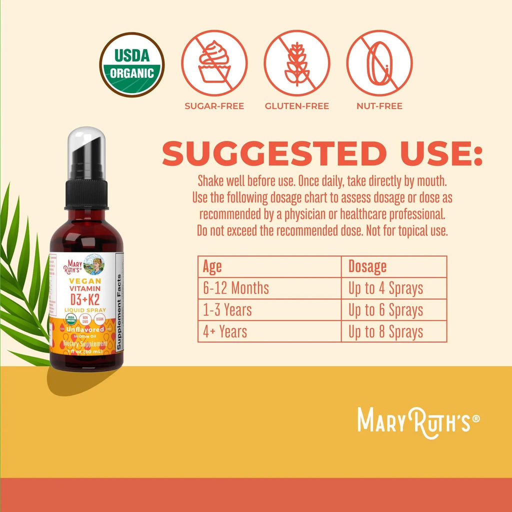MaryRuth's Organic D3 + K2 Spray for Adults & Kids for Bone Health | Vitamin D3 as Cholecalciferol | Vitamin K2 | Immunity | Mineral Absorption | Heart Health | Vegan | Non-GMO | Gluten Free | 1 Fl Oz - TrustMedUSA