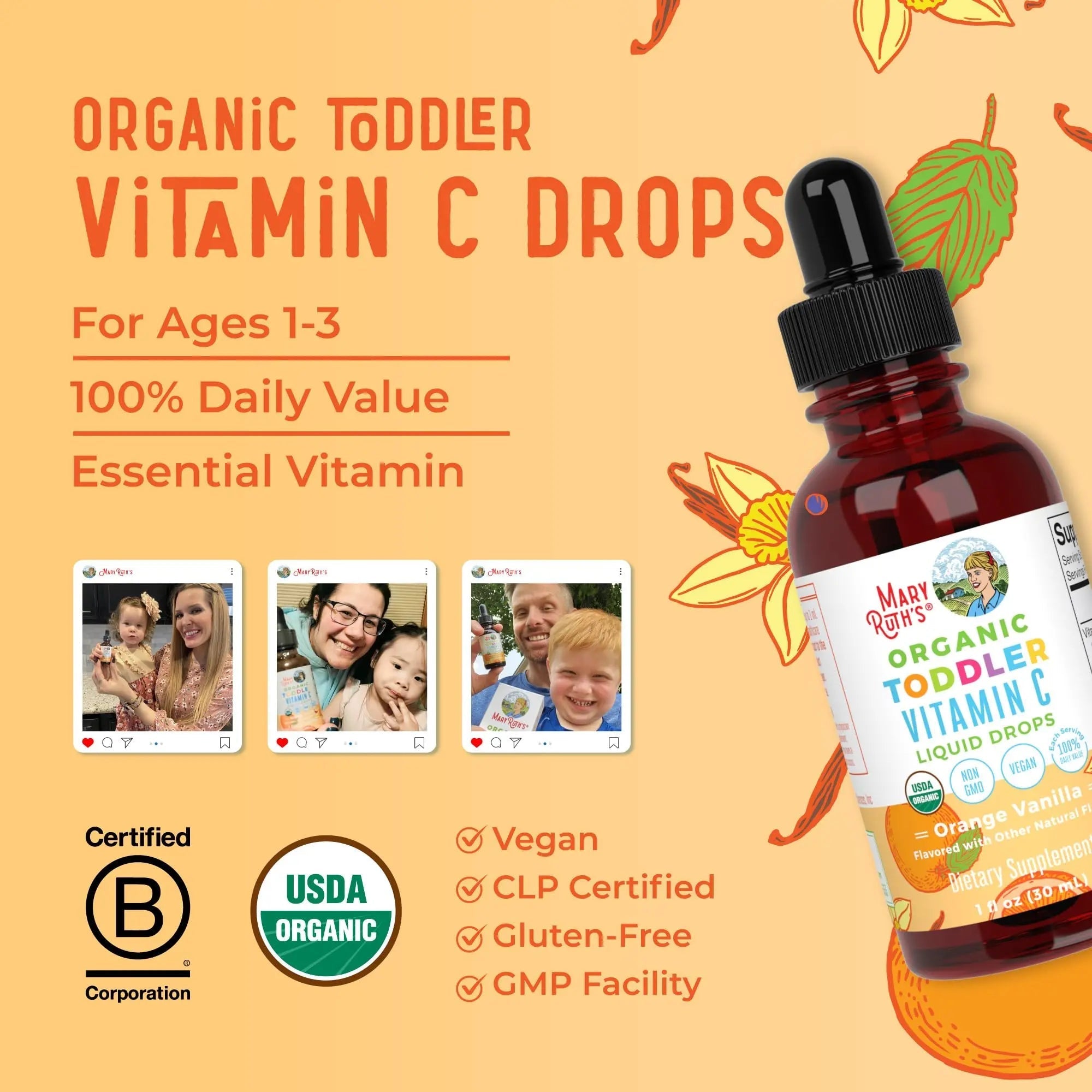 MARYRUTH'S Organic Toddler Vitamin C Drops for Immunity | Ages 1-3 Years | 15 mg Per Serving | Vitamin C for Immune Support & Overall Health | Vegan | Sugar Free - TrustMedUSA