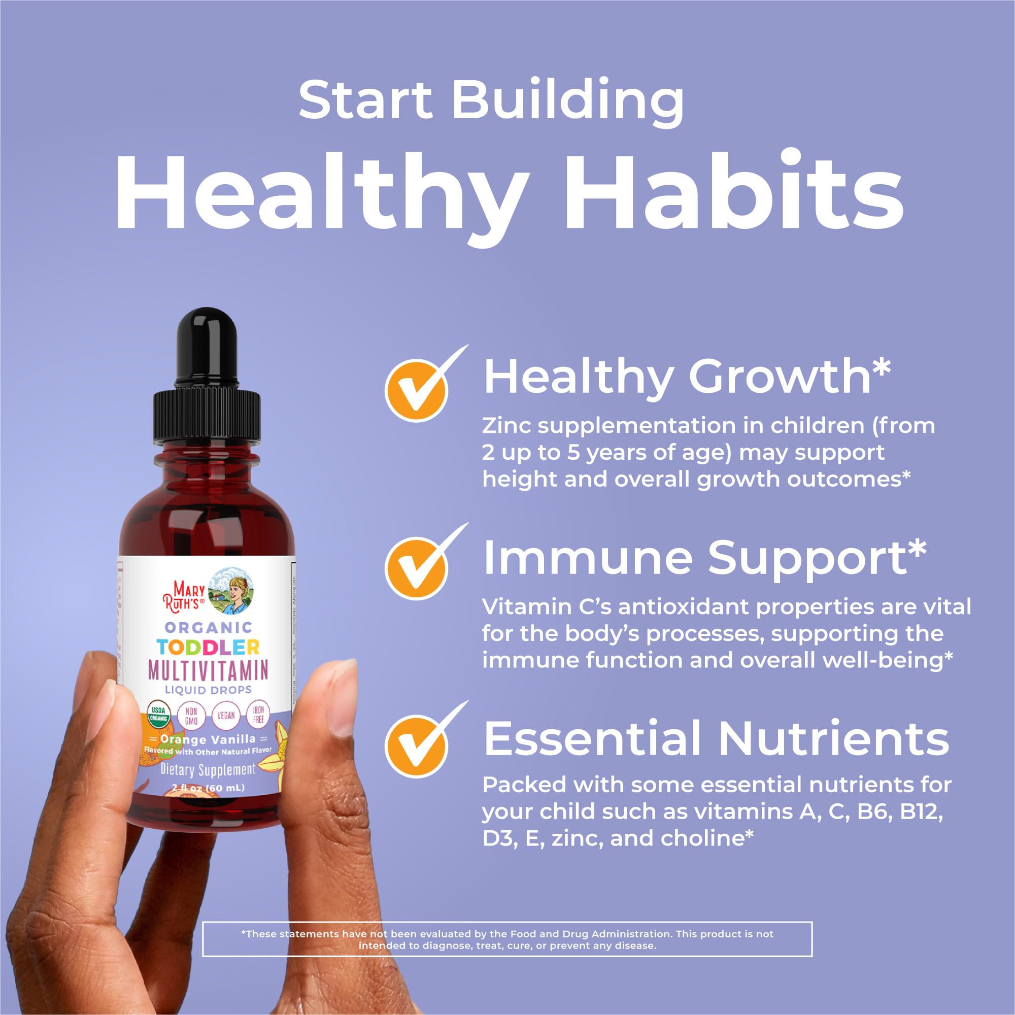MaryRuth's Toddler Multivitamin | Vitamin A C D E B6 B12 Zinc | Healthy Growth Support | Immunity | Bone Health | Cognitive Function | Organic | Sugar Free | Vegan | Non-GMO | 2 Fl Oz | 30 Day Supply - TrustMedUSA