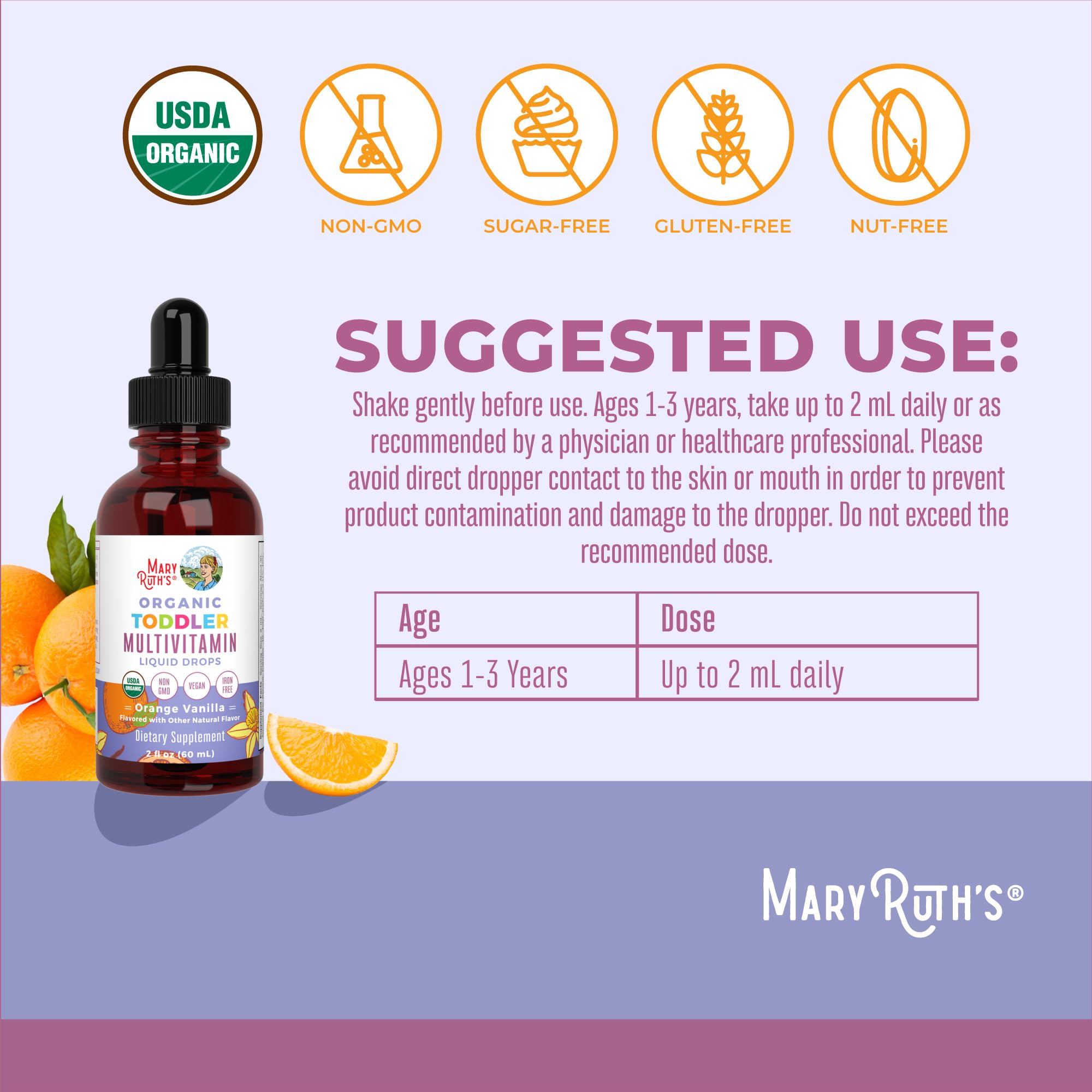 MaryRuth's Toddler Multivitamin | Vitamin A C D E B6 B12 Zinc | Healthy Growth Support | Immunity | Bone Health | Cognitive Function | Organic | Sugar Free | Vegan | Non-GMO | 2 Fl Oz | 30 Day Supply - TrustMedUSA