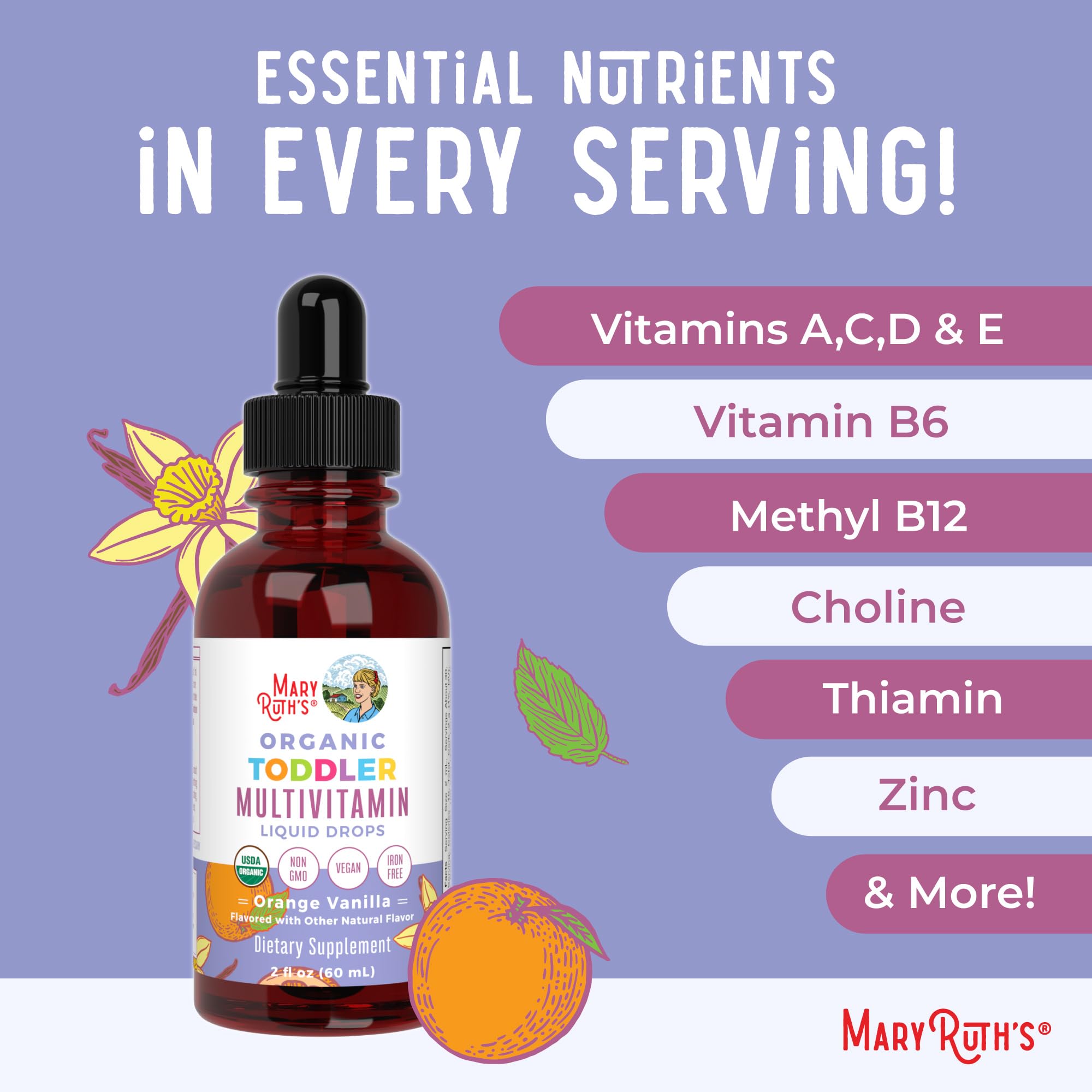 MaryRuth's Toddler Multivitamin | Vitamin A C D E B6 B12 Zinc | Healthy Growth Support | Immunity | Bone Health | Cognitive Function | Organic | Sugar Free | Vegan | Non-GMO | 2 Fl Oz | 30 Day Supply - TrustMedUSA
