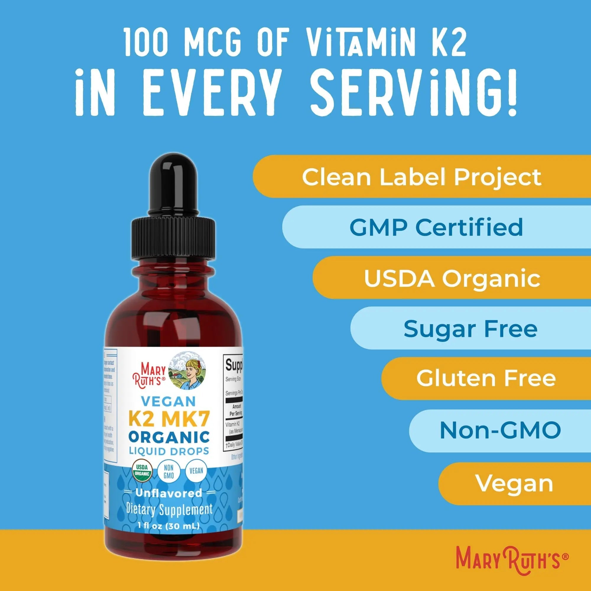 MaryRuth’s USDA Organic Vitamin K2 MK7 Liquid Drops for Adults & Kids | Sourced from Natto | Menaquinone- 7 | Vegan K2 Vitamin for Bone Health & Calcium Absorption | 1oz | Up to 90 Servings - TrustMedUSA