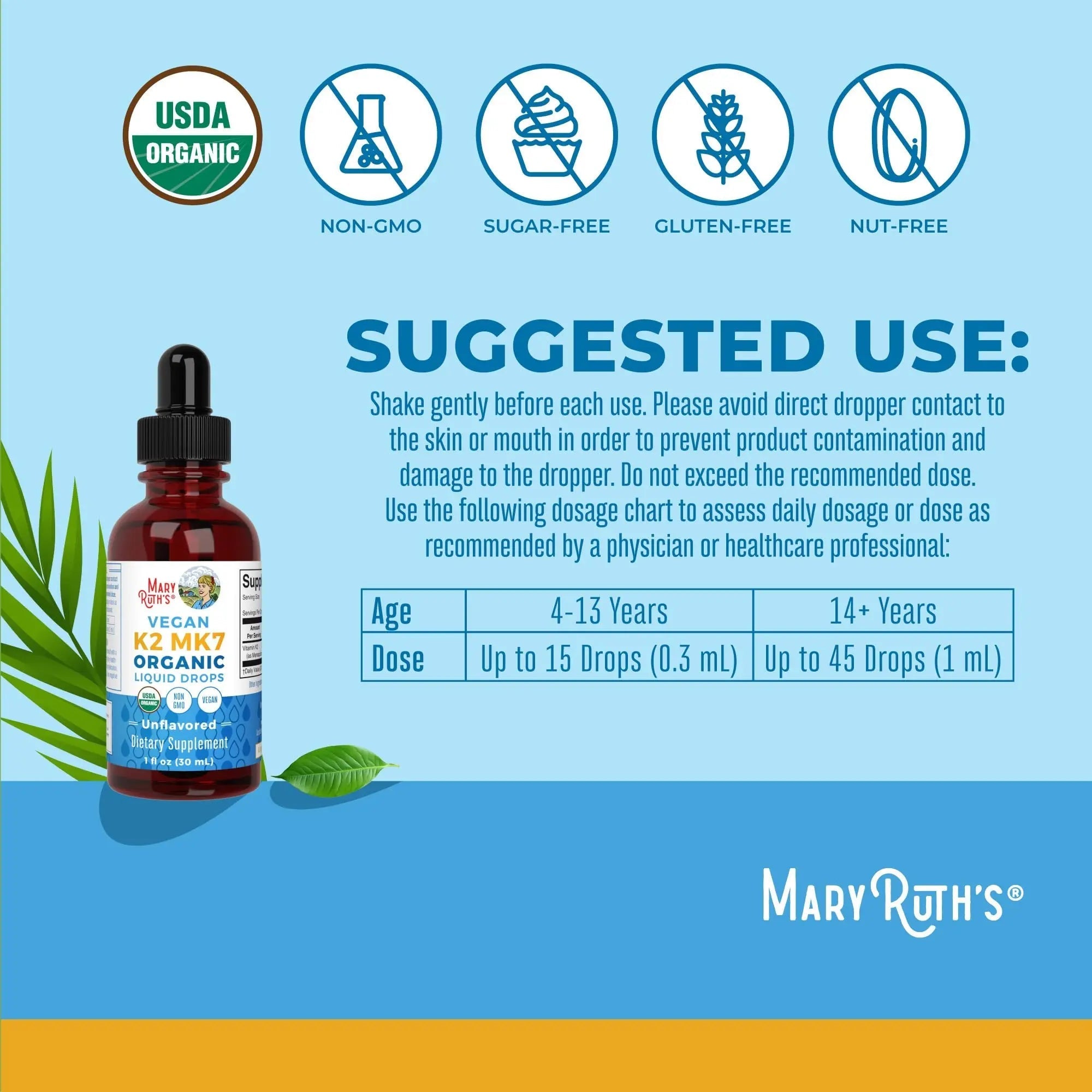 MaryRuth’s USDA Organic Vitamin K2 MK7 Liquid Drops for Adults & Kids | Sourced from Natto | Menaquinone- 7 | Vegan K2 Vitamin for Bone Health & Calcium Absorption | 1oz | Up to 90 Servings - TrustMedUSA