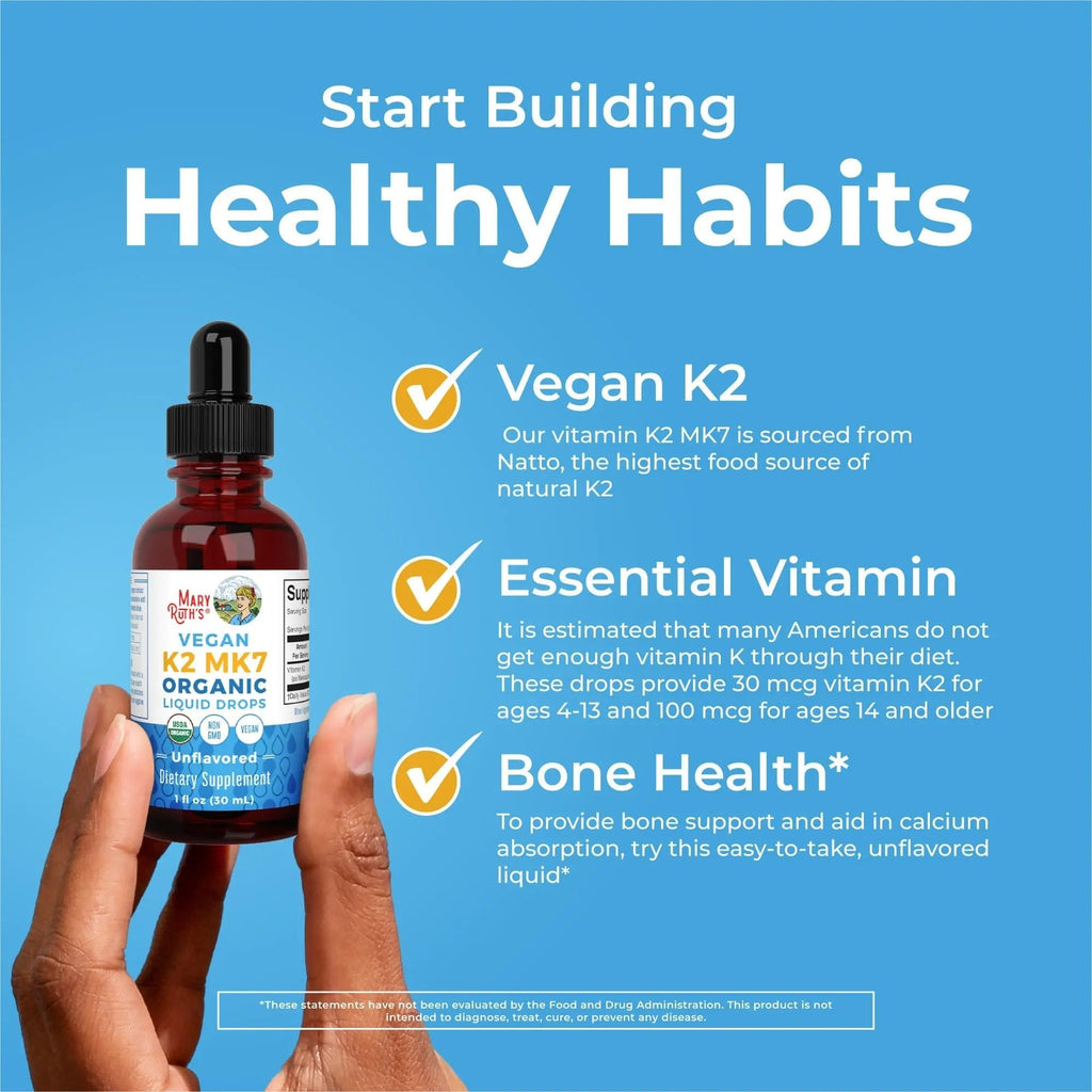 MaryRuth’s USDA Organic Vitamin K2 MK7 Liquid Drops for Adults & Kids | Sourced from Natto | Menaquinone- 7 | Vegan K2 Vitamin for Bone Health & Calcium Absorption | 1oz | Up to 90 Servings - TrustMedUSA