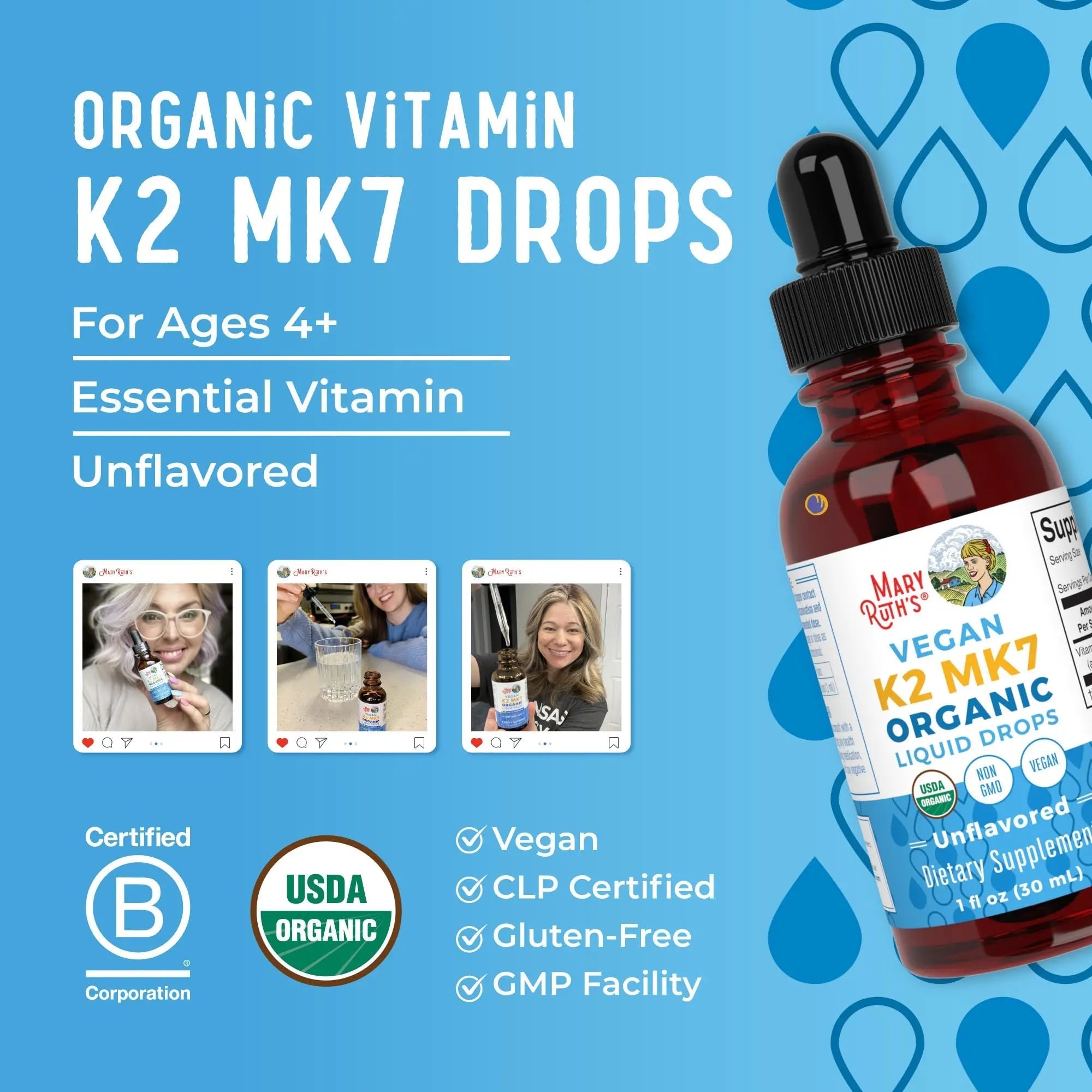 MaryRuth’s USDA Organic Vitamin K2 MK7 Liquid Drops for Adults & Kids | Sourced from Natto | Menaquinone- 7 | Vegan K2 Vitamin for Bone Health & Calcium Absorption | 1oz | Up to 90 Servings - TrustMedUSA