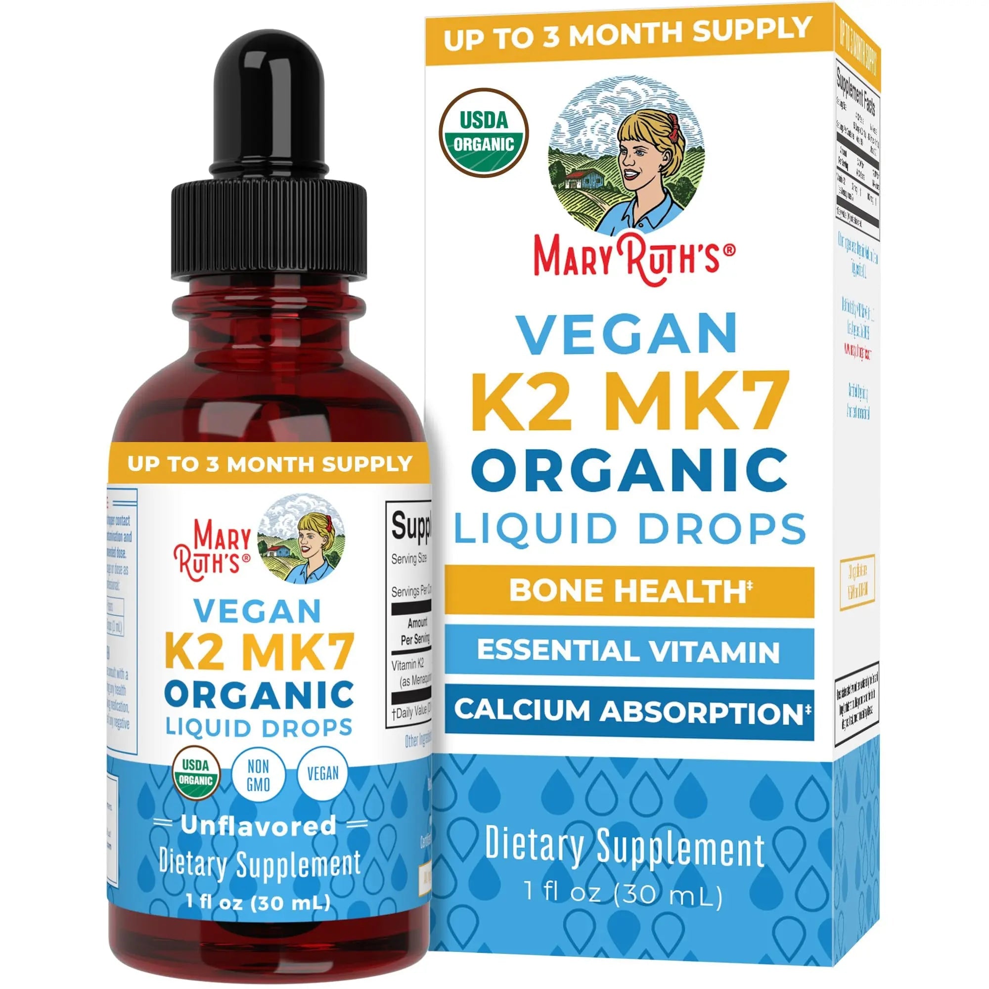 MaryRuth’s USDA Organic Vitamin K2 MK7 Liquid Drops for Adults & Kids | Sourced from Natto | Menaquinone- 7 | Vegan K2 Vitamin for Bone Health & Calcium Absorption | 1oz | Up to 90 Servings - TrustMedUSA